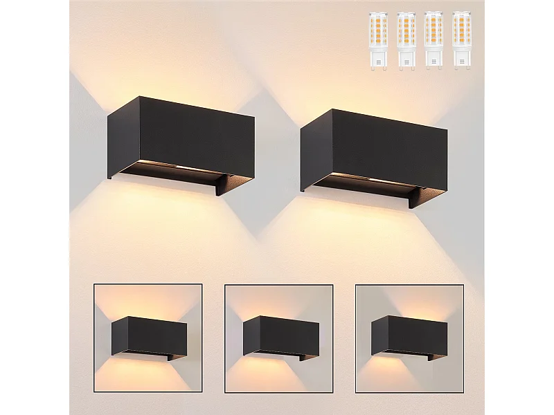 NETTLIFE 2 zwarte muurledlampjes met IP65 - klasse, warm wit licht met verstelbare G9 - lampen, voor woonkamer, tuin, terras.