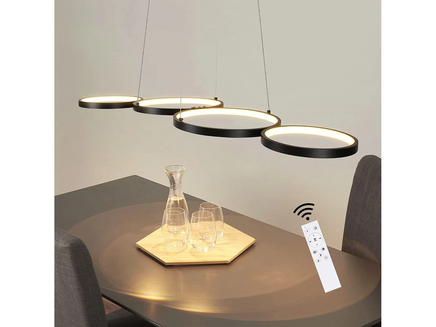 NETTLIFE LED Hanglamp zwart 4 lichts dimbaar met afstandsbediening eettafel lamp met ring Ontwerp in hoogte verstelbare hanglamp voor woonkamer slaapkamer keuken