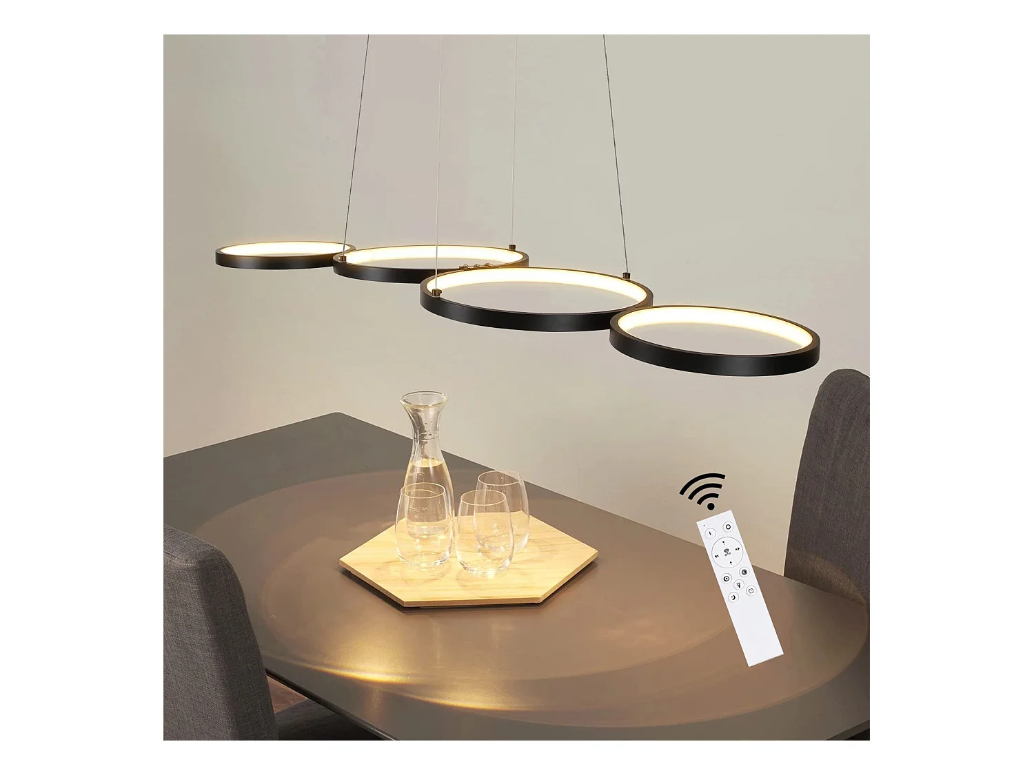 NETTLIFE Suspension LED en aluminium noir Diam.150 cm 54W lampe moderne 4 anneaux design lampe de table à manger dimmable avec suspension pour salon