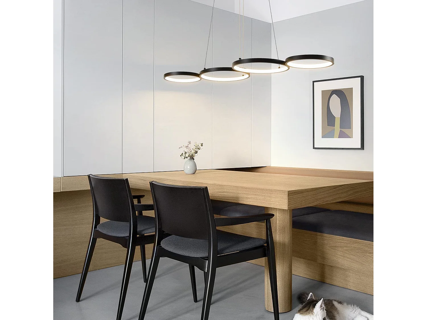 NETTLIFE Suspension LED en aluminium noir Diam.150 cm 54W lampe moderne 4 anneaux design lampe de table à manger dimmable avec suspension pour salon