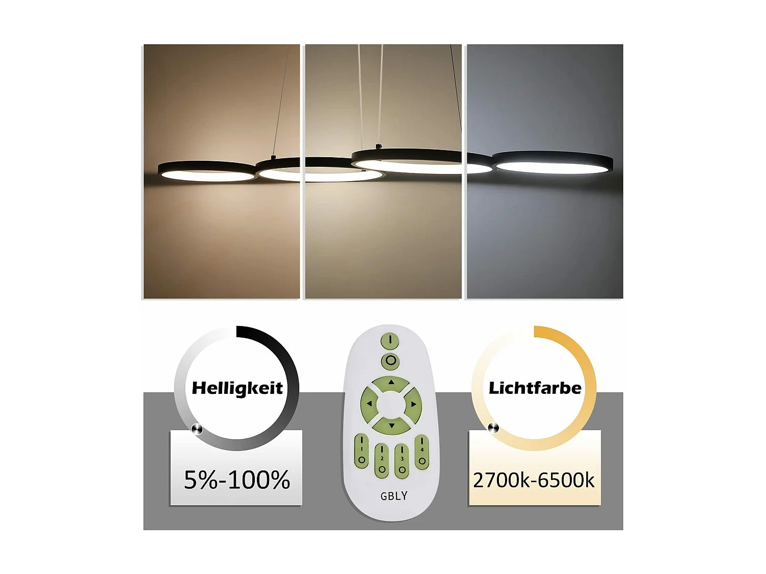 NETTLIFE Suspension LED en aluminium noir Diam.150 cm 54W lampe moderne 4 anneaux design lampe de table à manger dimmable avec suspension pour salon