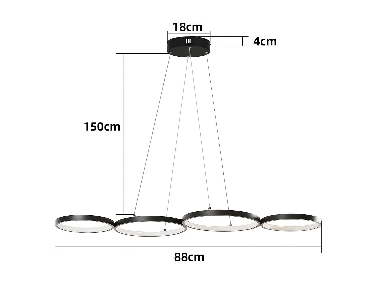 Moderne schwarze 4-Ring-Pendelleuchte, 88 cm, Design mit Fernbedienung