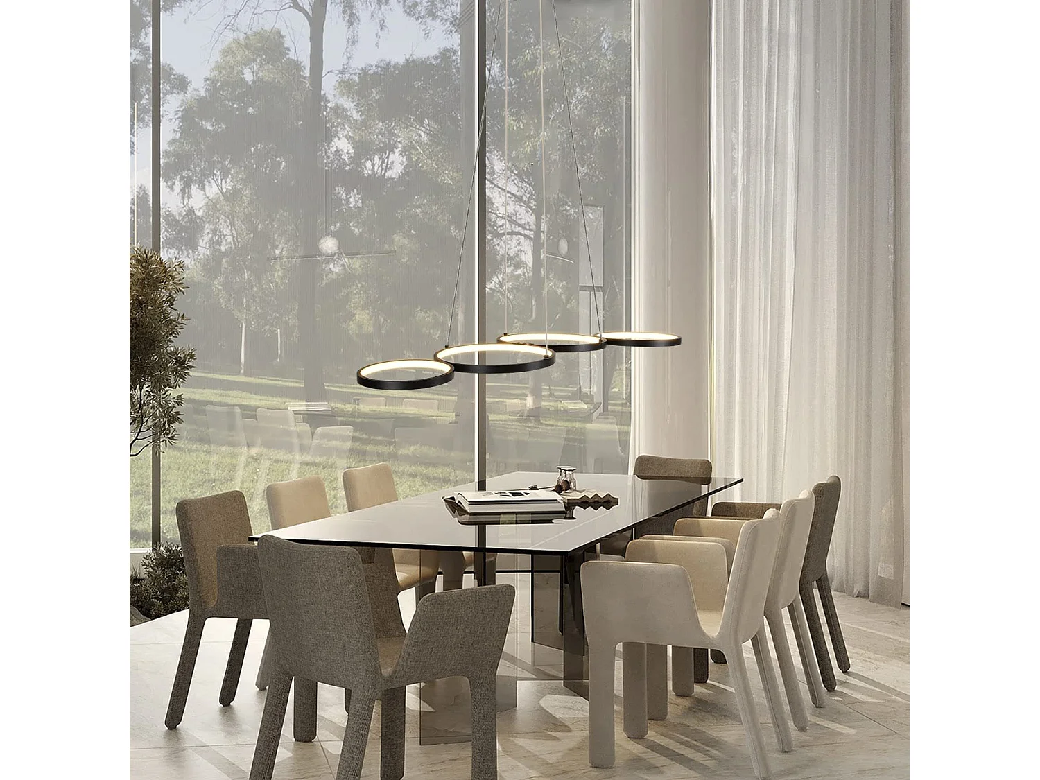 Moderne schwarze 4-Ring-Pendelleuchte, 88 cm, Design mit Fernbedienung