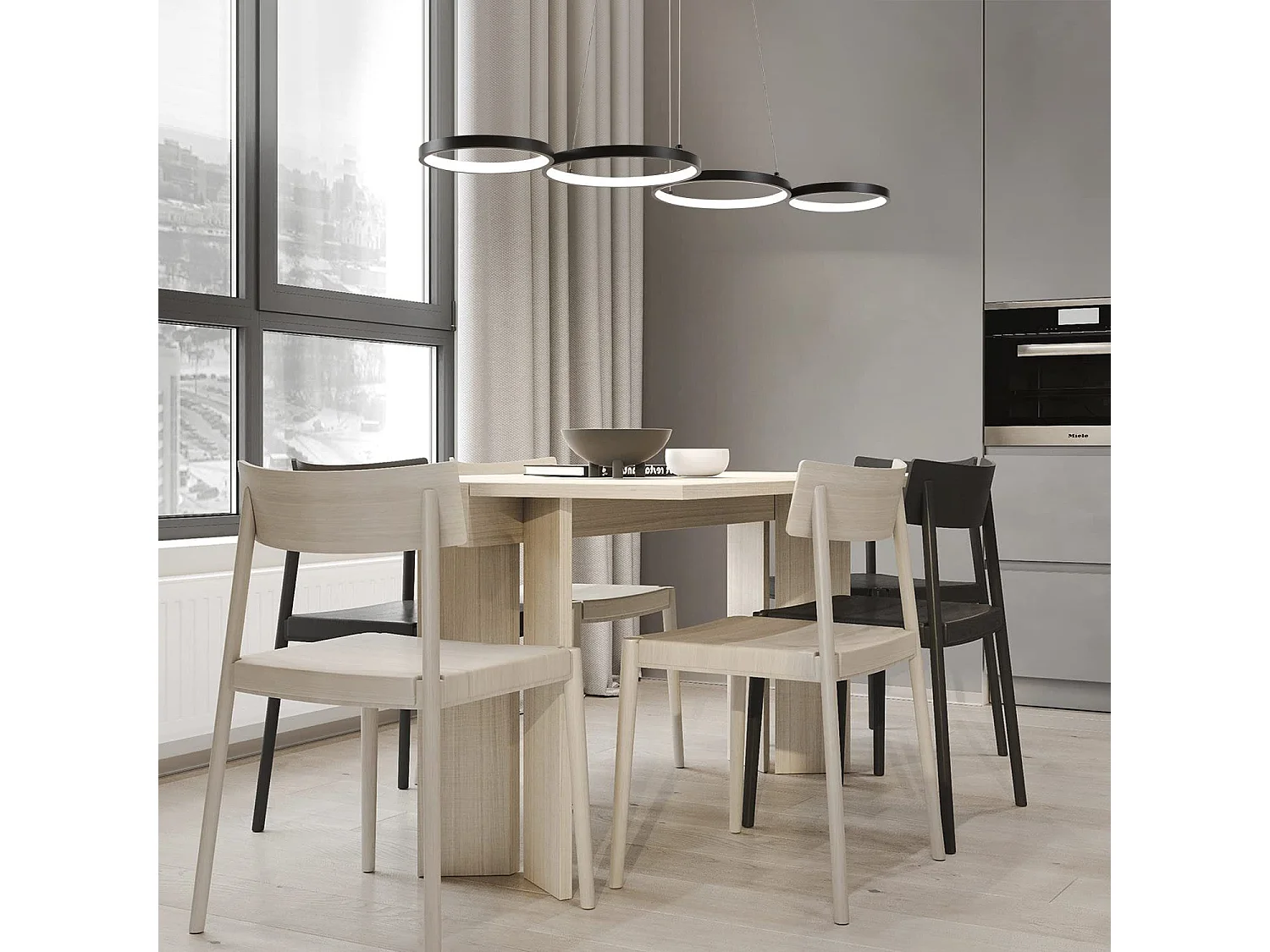 Moderne schwarze 4-Ring-Pendelleuchte, 88 cm, Design mit Fernbedienung