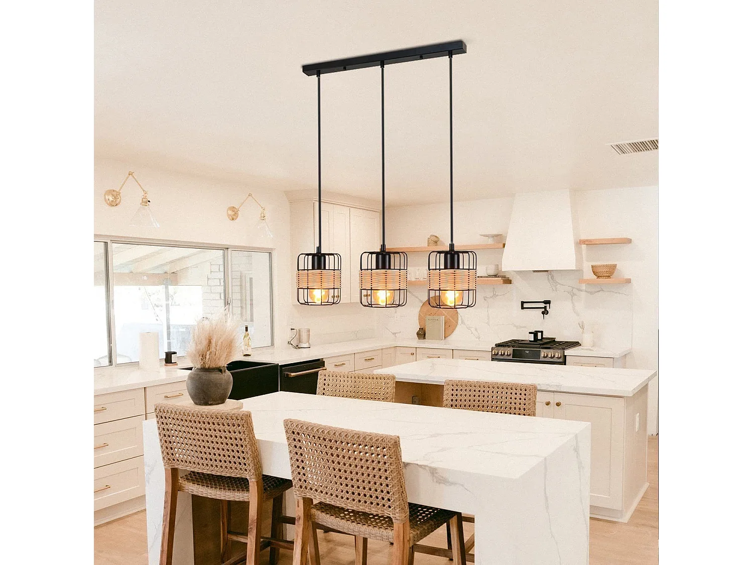 NETTLIFE Lámpara colgante de metal negro Diam.58cm E27 vintage boho rústico en bambú retro con 3 bombillas de ratán de color natural para habitación