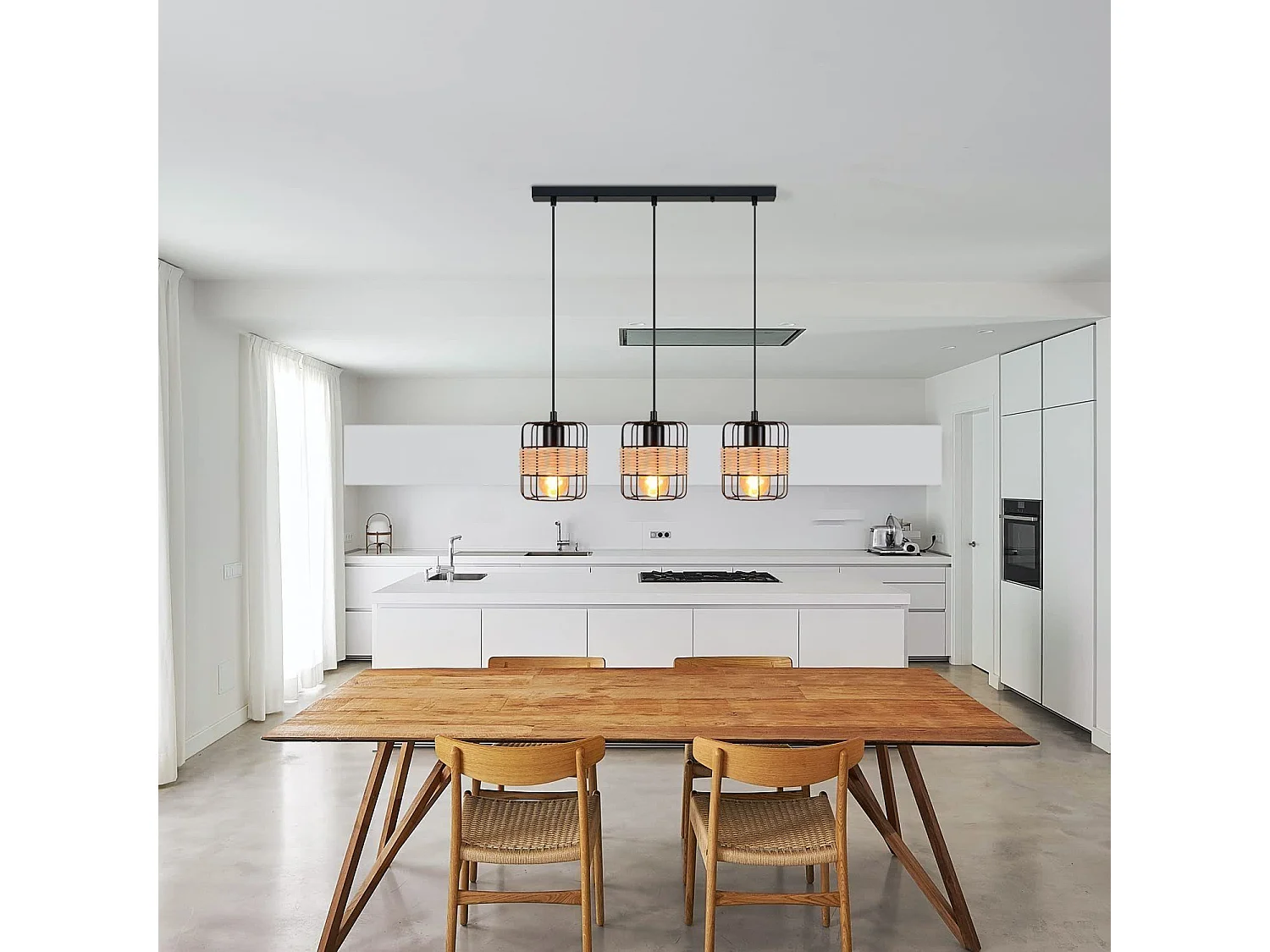 NETTLIFE Lámpara colgante de metal negro Diam.58cm E27 vintage boho rústico en bambú retro con 3 bombillas de ratán de color natural para habitación