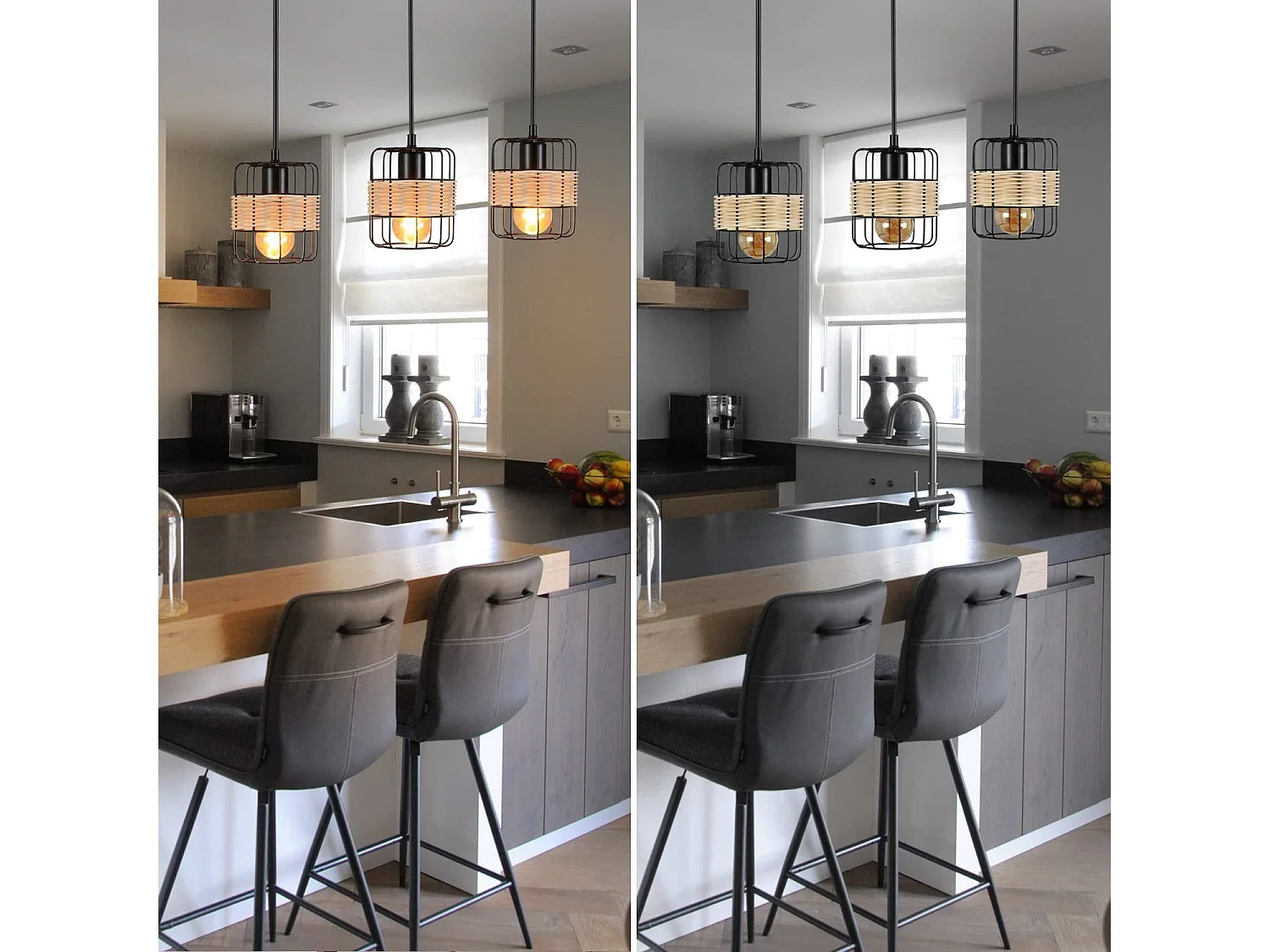 NETTLIFE Lámpara colgante de metal negro Diam.58cm E27 vintage boho rústico en bambú retro con 3 bombillas de ratán de color natural para habitación