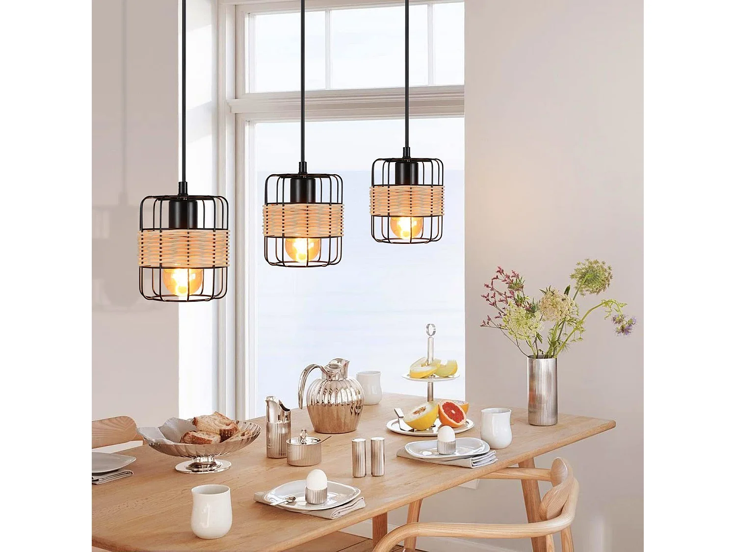 NETTLIFE Lámpara colgante de metal negro Diam.58cm E27 vintage boho rústico en bambú retro con 3 bombillas de ratán de color natural para habitación