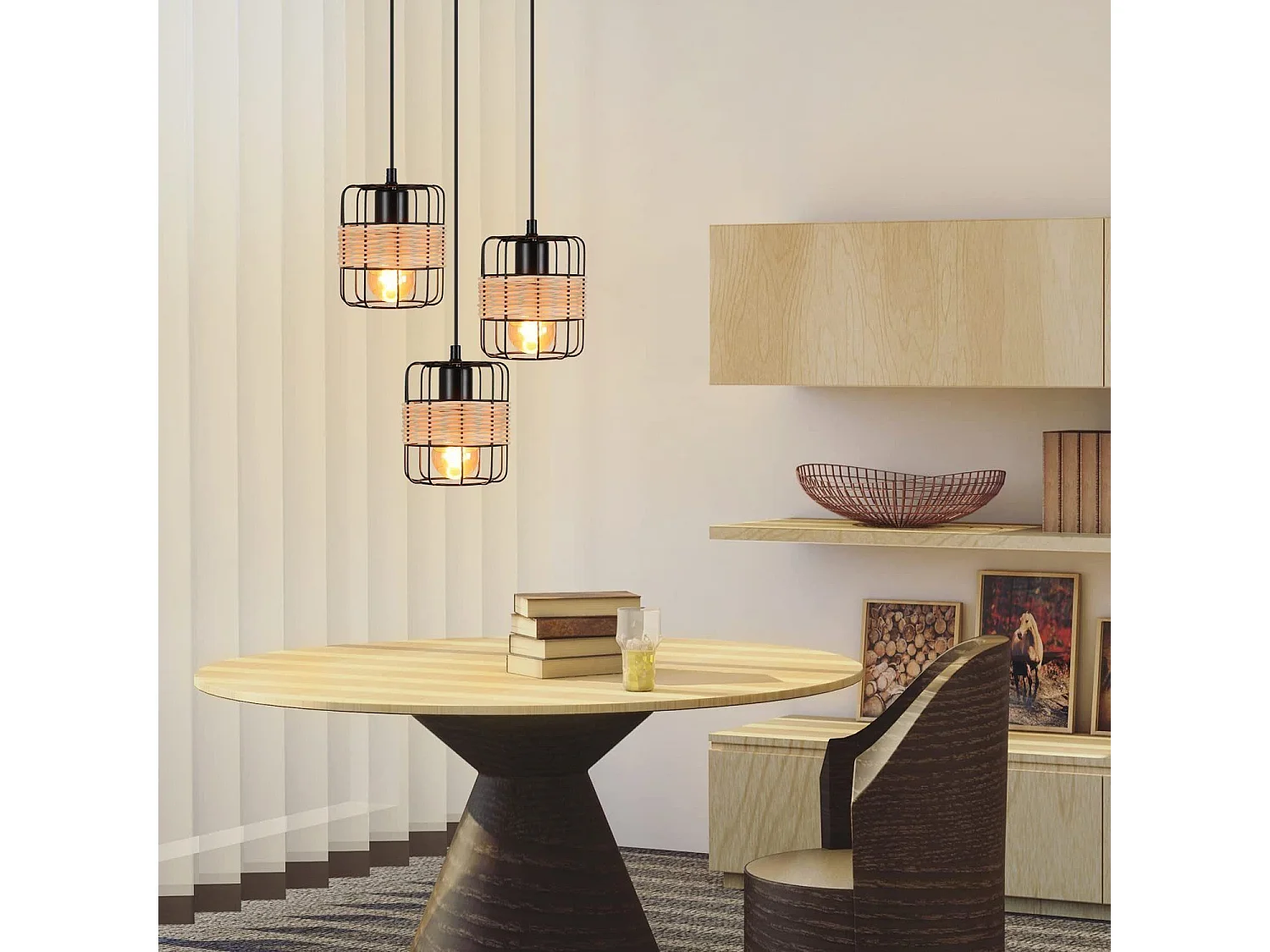 NETTLIFE Lampa wisząca E27 czarny Vintage Rattan Boho metalowa drewniana lampa kuchenna naturalny bambusowy kosz abażur do jadalni salon