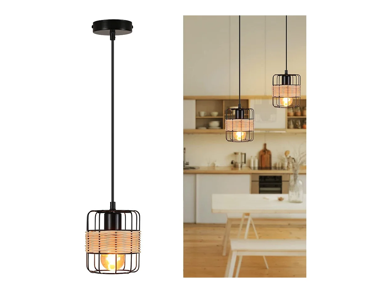 NETTLIFE Suspension E27 Noir Vintage Rotin Boho Métal Bois Lampe de Cuisine Bambou Naturel Abat-Jour Panier pour Salle à Manger Salon