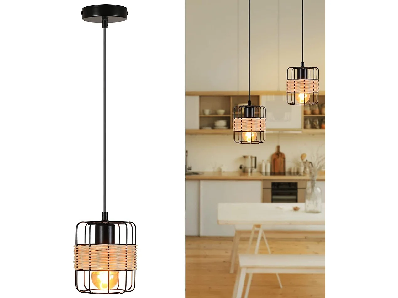 NETTLIFE Suspension E27 Noir Vintage Rotin Boho Métal Bois Lampe de Cuisine Bambou Naturel Abat-Jour Panier pour Salle à Manger Salon