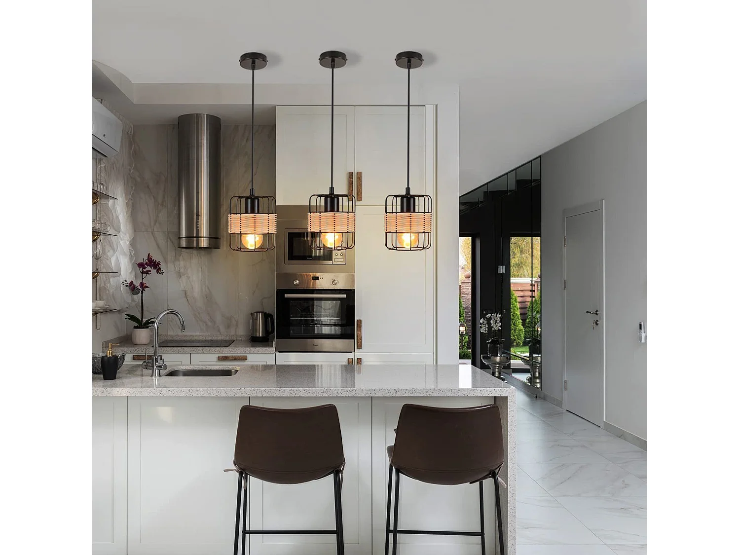 NETTLIFE Suspension E27 Noir Vintage Rotin Boho Métal Bois Lampe de Cuisine Bambou Naturel Abat-Jour Panier pour Salle à Manger Salon