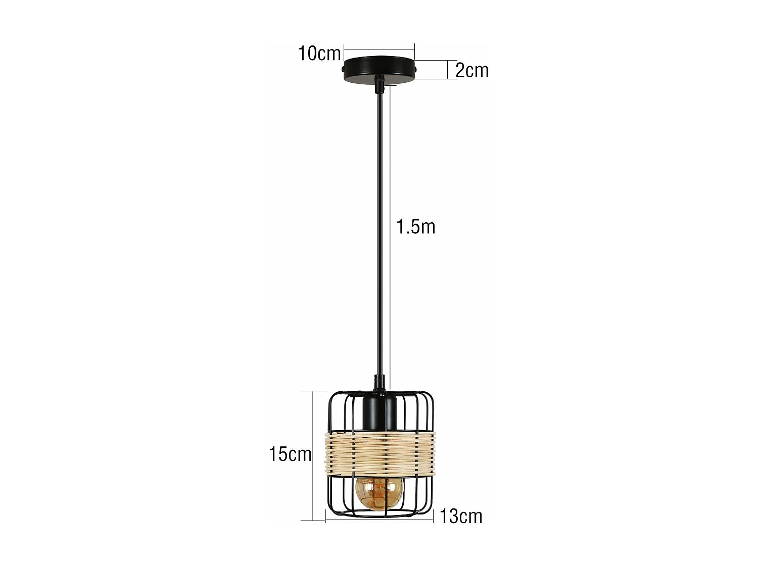 NETTLIFE Suspension E27 Noir Vintage Rotin Boho Métal Bois Lampe de Cuisine Bambou Naturel Abat-Jour Panier pour Salle à Manger Salon