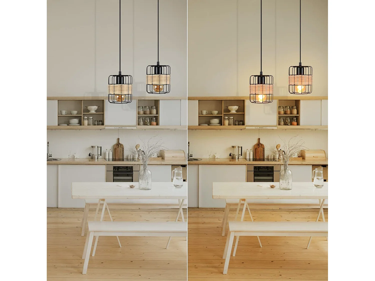 NETTLIFE Hanglamp vintage E27 Fitting rotan zwart in naturel boho hanglamp houten keukenlamp van metaal en bamboe mandlampenkap voor eetkamer | woonkamer