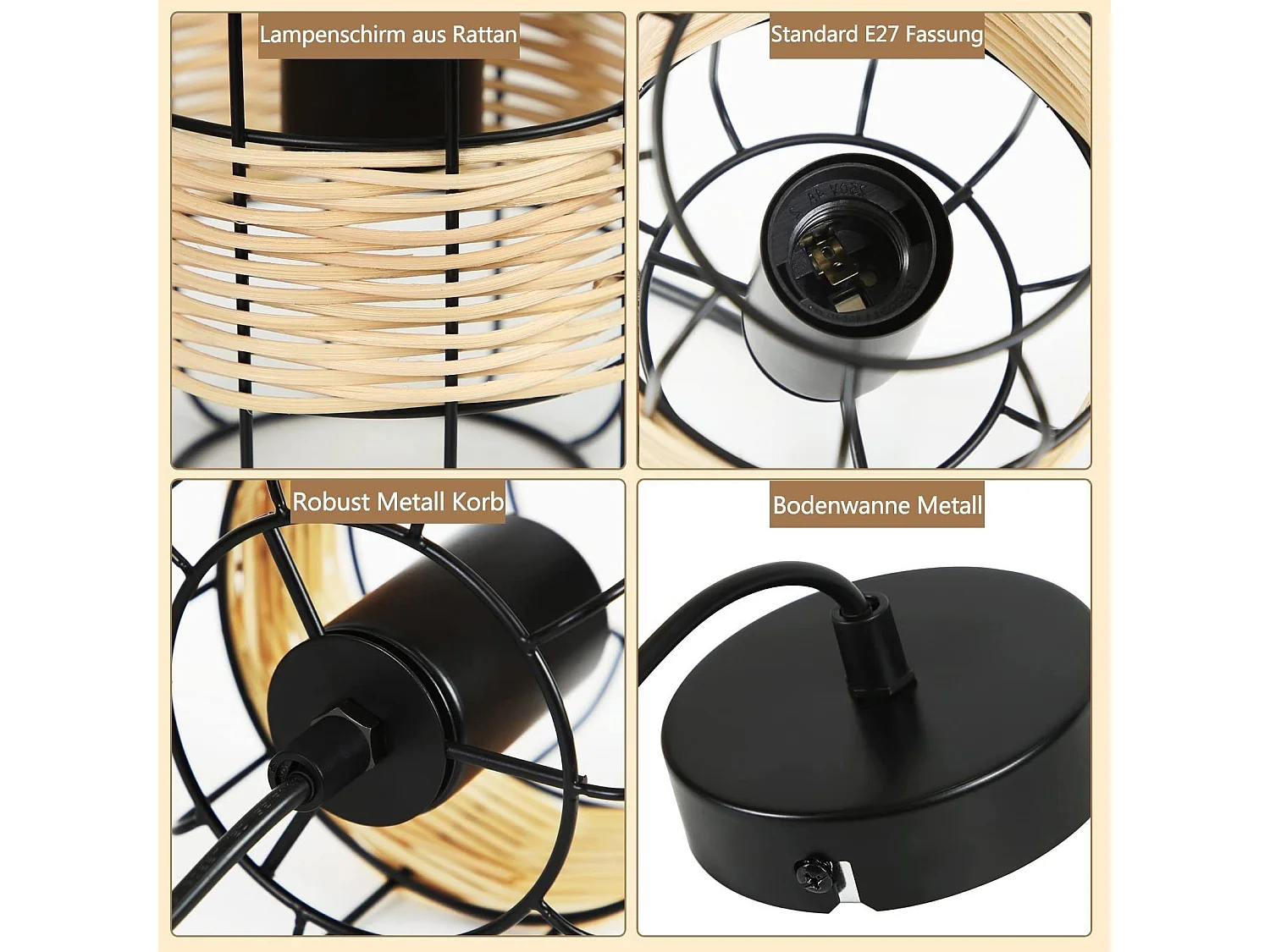 NETTLIFE Hanglamp vintage E27 Fitting rotan zwart in naturel boho hanglamp houten keukenlamp van metaal en bamboe mandlampenkap voor eetkamer | woonkamer