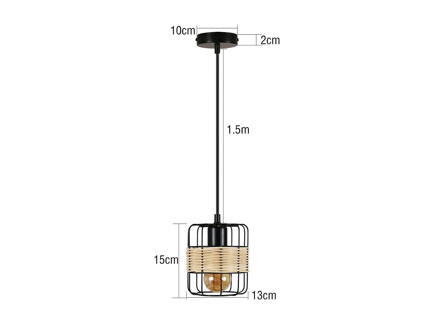 NETTLIFE Hanglamp vintage E27 Fitting rotan zwart in naturel boho hanglamp houten keukenlamp van metaal en bamboe mandlampenkap voor eetkamer | woonkamer
