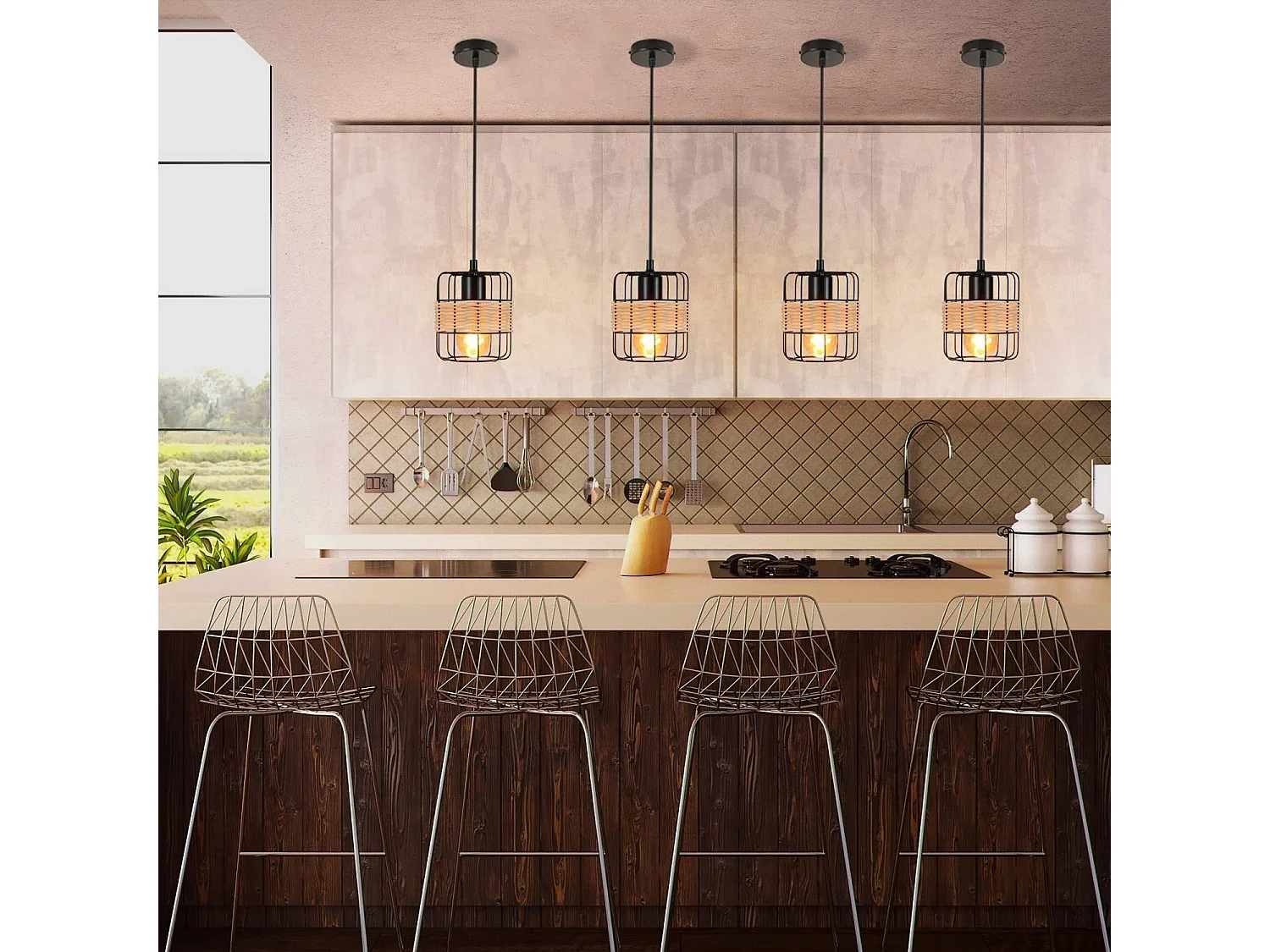 NETTLIFE Hanglamp vintage E27 Fitting rotan zwart in naturel boho hanglamp houten keukenlamp van metaal en bamboe mandlampenkap voor eetkamer | woonkamer