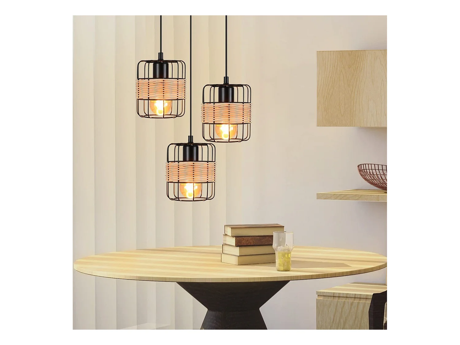 NETTLIFE Suspension Métal Noir Diam.25cm E27 Vintage Rustique Rond 3 Ampoules Rétro Rotin Lampe de Salon Métal Naturel pour Salle à Manger Chambre