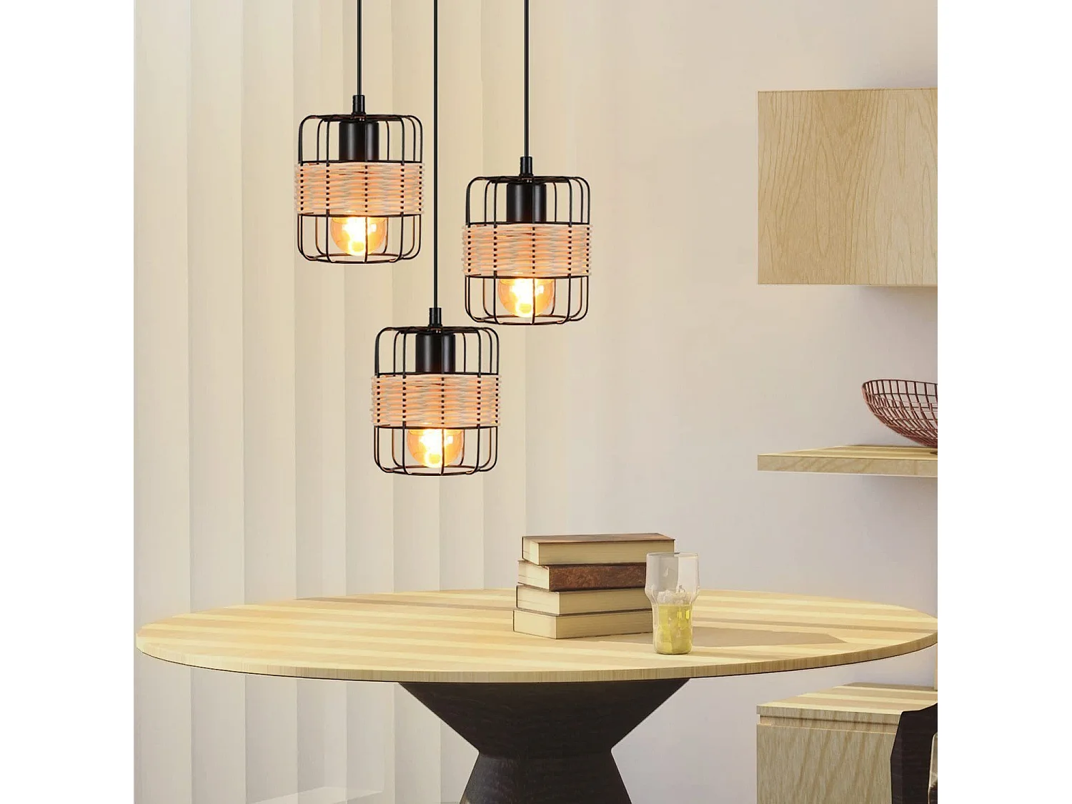 NETTLIFE Suspension Métal Noir Diam.25cm E27 Vintage Rustique Rond 3 Ampoules Rétro Rotin Lampe de Salon Métal Naturel pour Salle à Manger Chambre