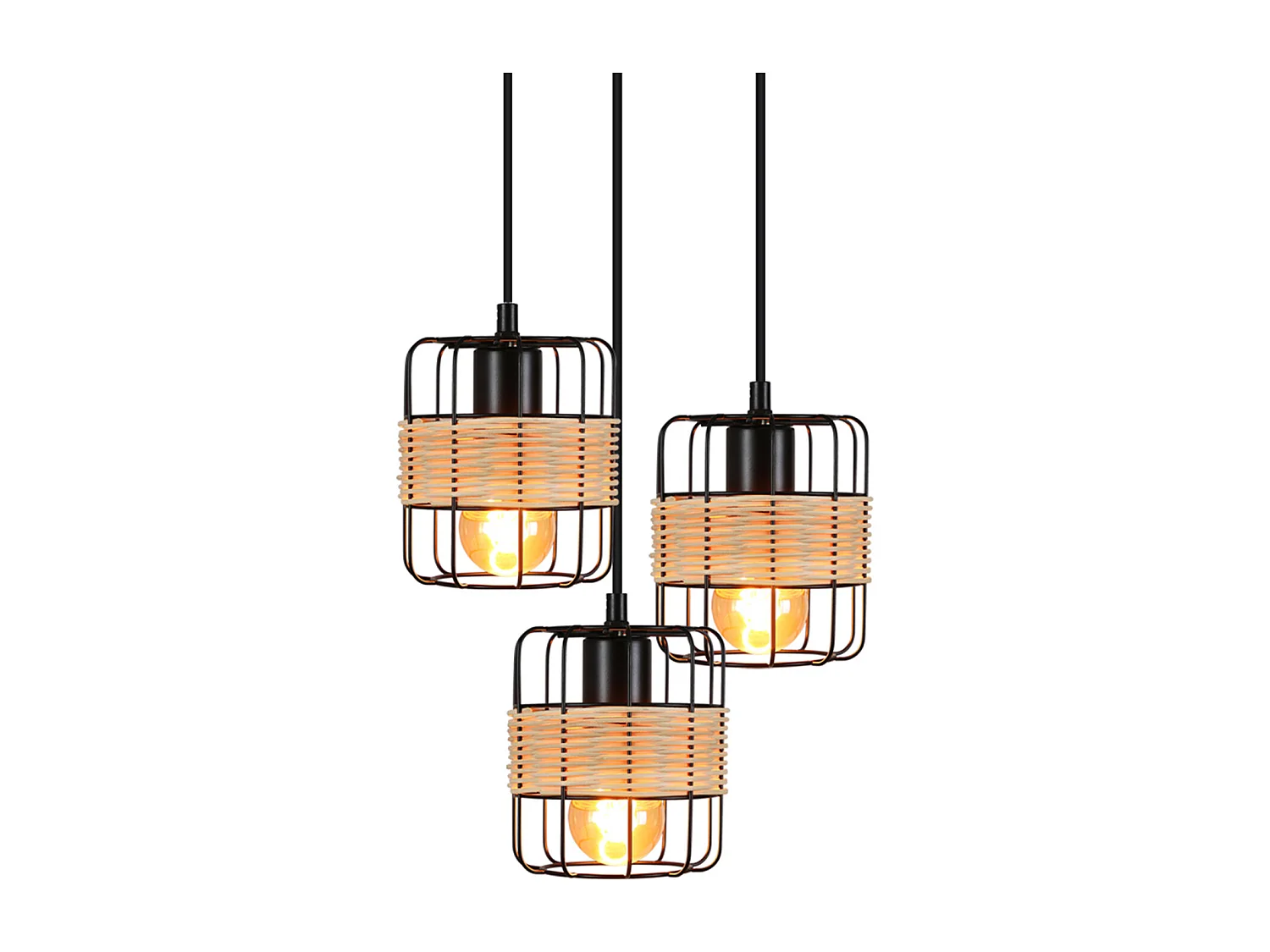 NETTLIFE Suspension Métal Noir Diam.25cm E27 Vintage Rustique Rond 3 Ampoules Rétro Rotin Lampe de Salon Métal Naturel pour Salle à Manger Chambre