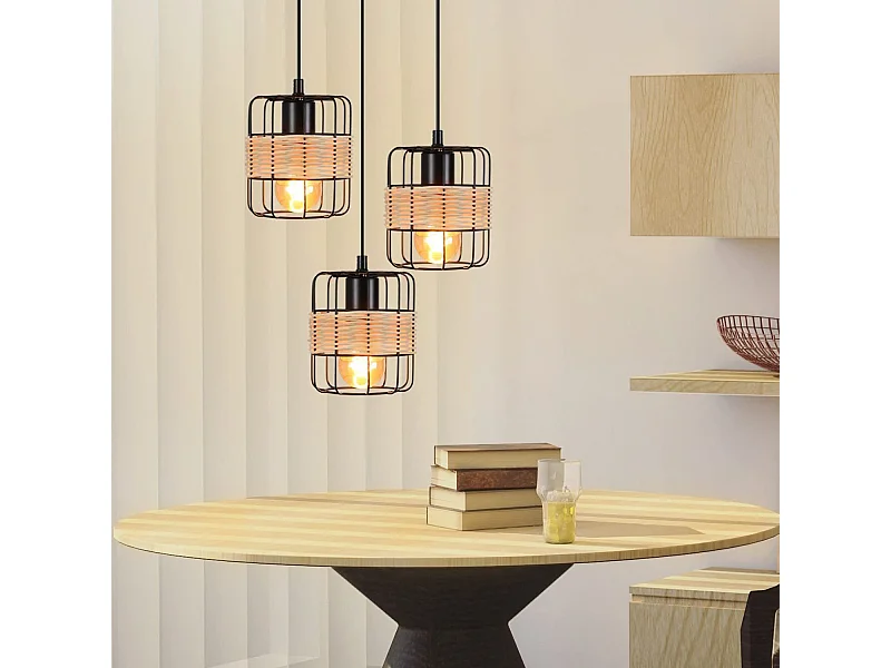 NETTLIFE Suspension Métal Noir Diam.25cm E27 Vintage Rustique Rond 3 Ampoules Rétro Rotin Lampe de Salon Métal Naturel pour Salle à Manger Chambre