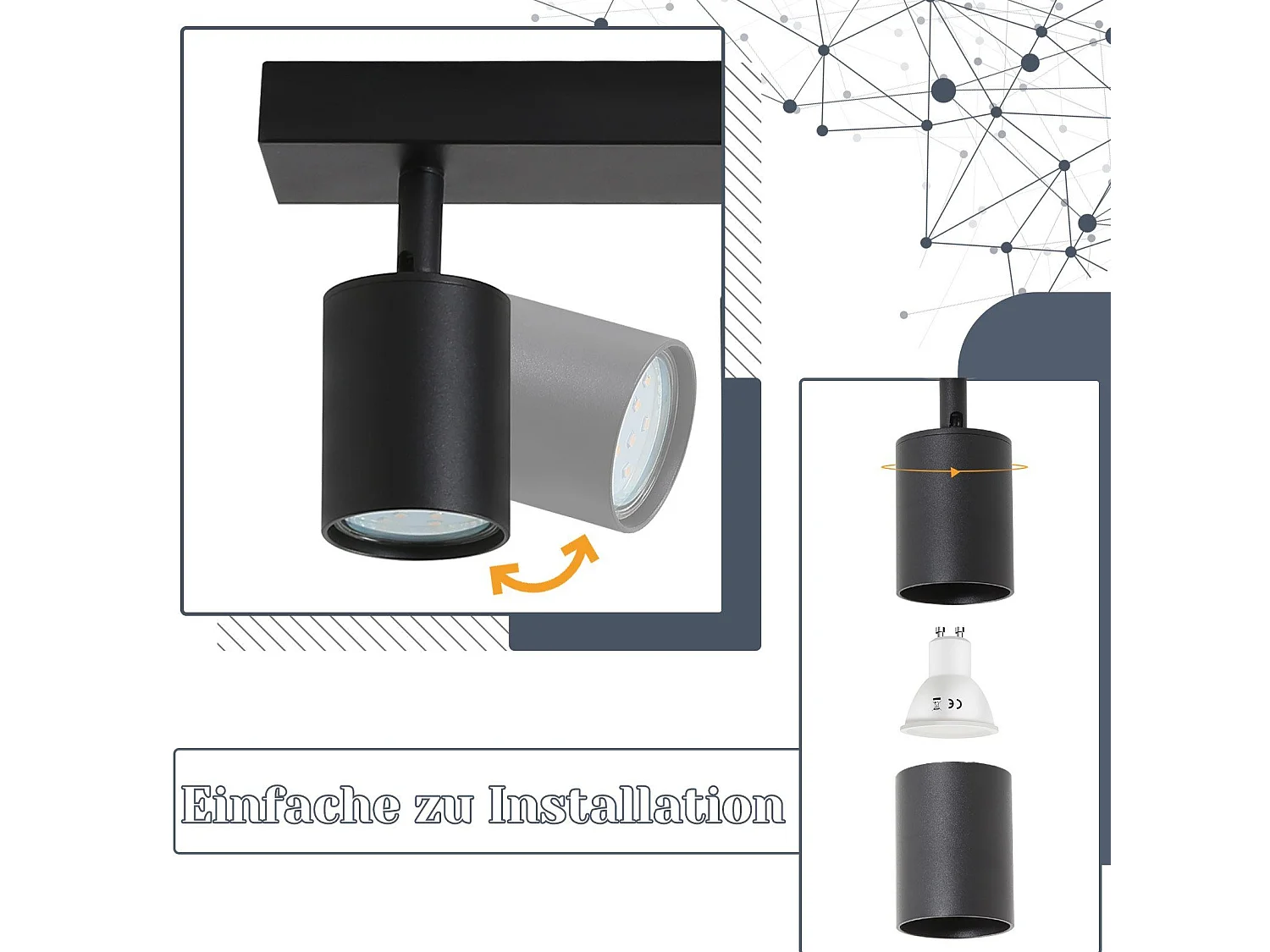 NETTLIFE Spots de plafond LED noir GU10 orientables à 350°, modernes pour couloir salon chambre sans ampoule