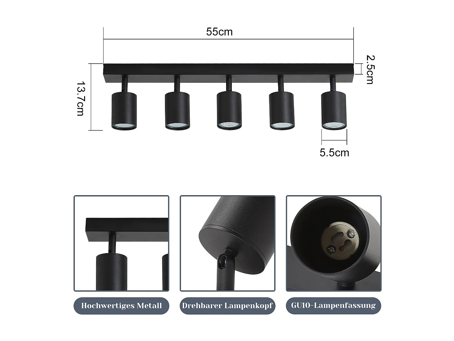 NETTLIFE LED Deckenleuchte Schwarz Deckenstrahler: GU10 Deckenlampe Spots 5 Flammig 330°Schwenkbar Deckenspots Modern