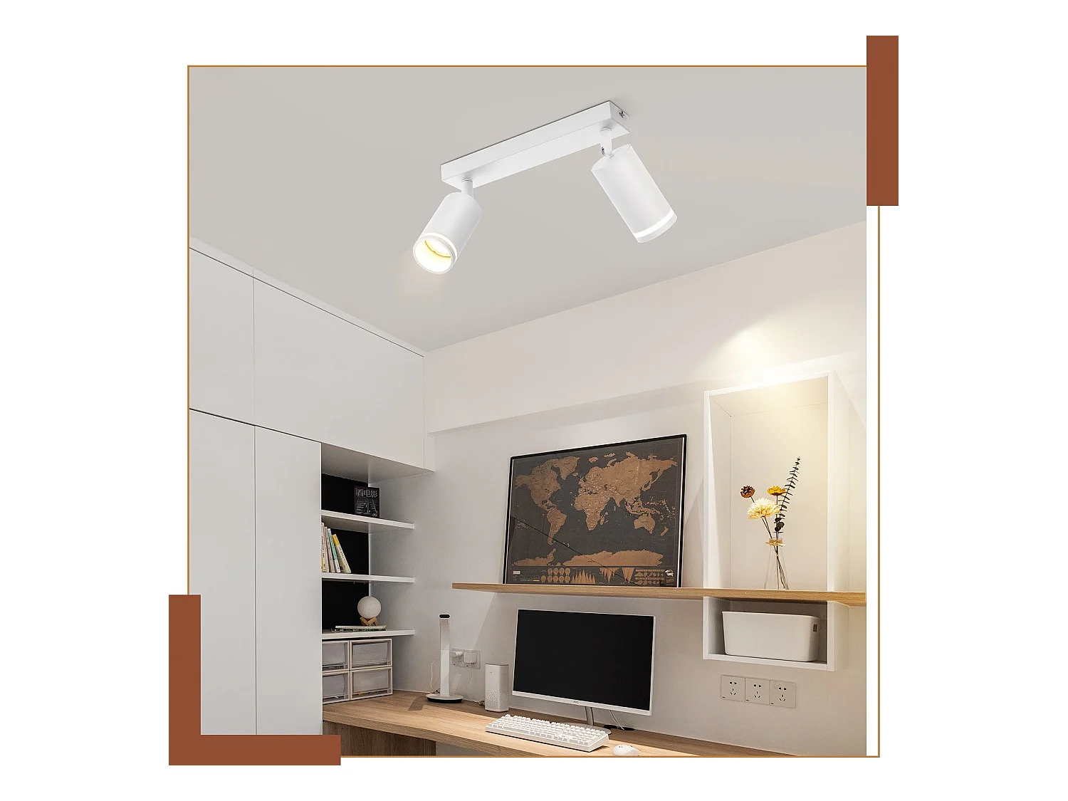 NETTLIFE Plafonnier LED 2 flamme - Blanc Plafonnier GU10 Spot pivotant Applique murale en bois Spot mural pour salon chambre  Sans ampoule