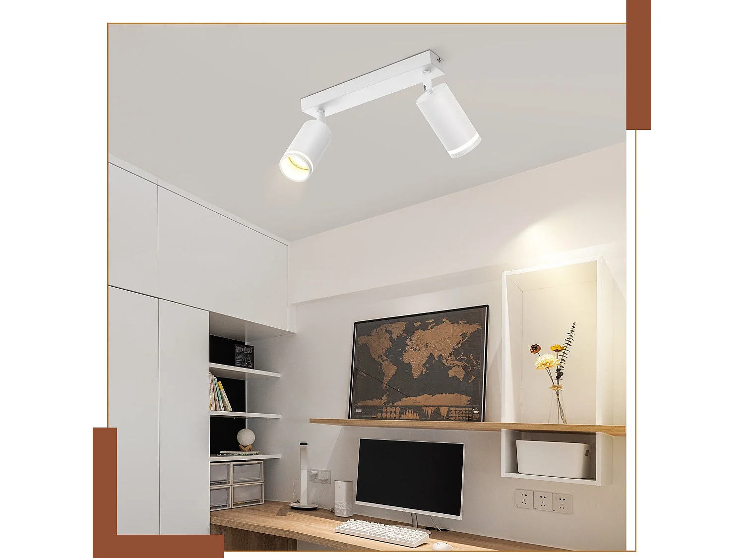 NETTLIFE Plafonnier LED 2 flamme - Blanc Plafonnier GU10 Spot pivotant Applique murale en bois Spot mural pour salon chambre  Sans ampoule