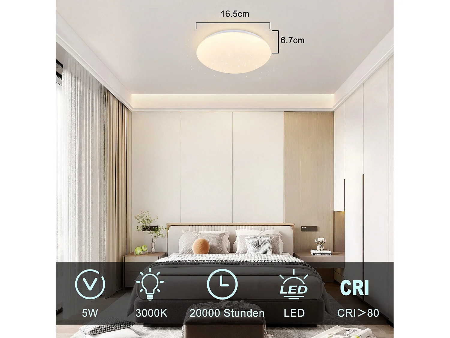 NETTLIFE Zweiter LED - Deckenleuchte für Schlafzimmer - Küche, 5W, 3000K, Ø 16,5 cm, warmweiß, Flur, Kinderzimmer