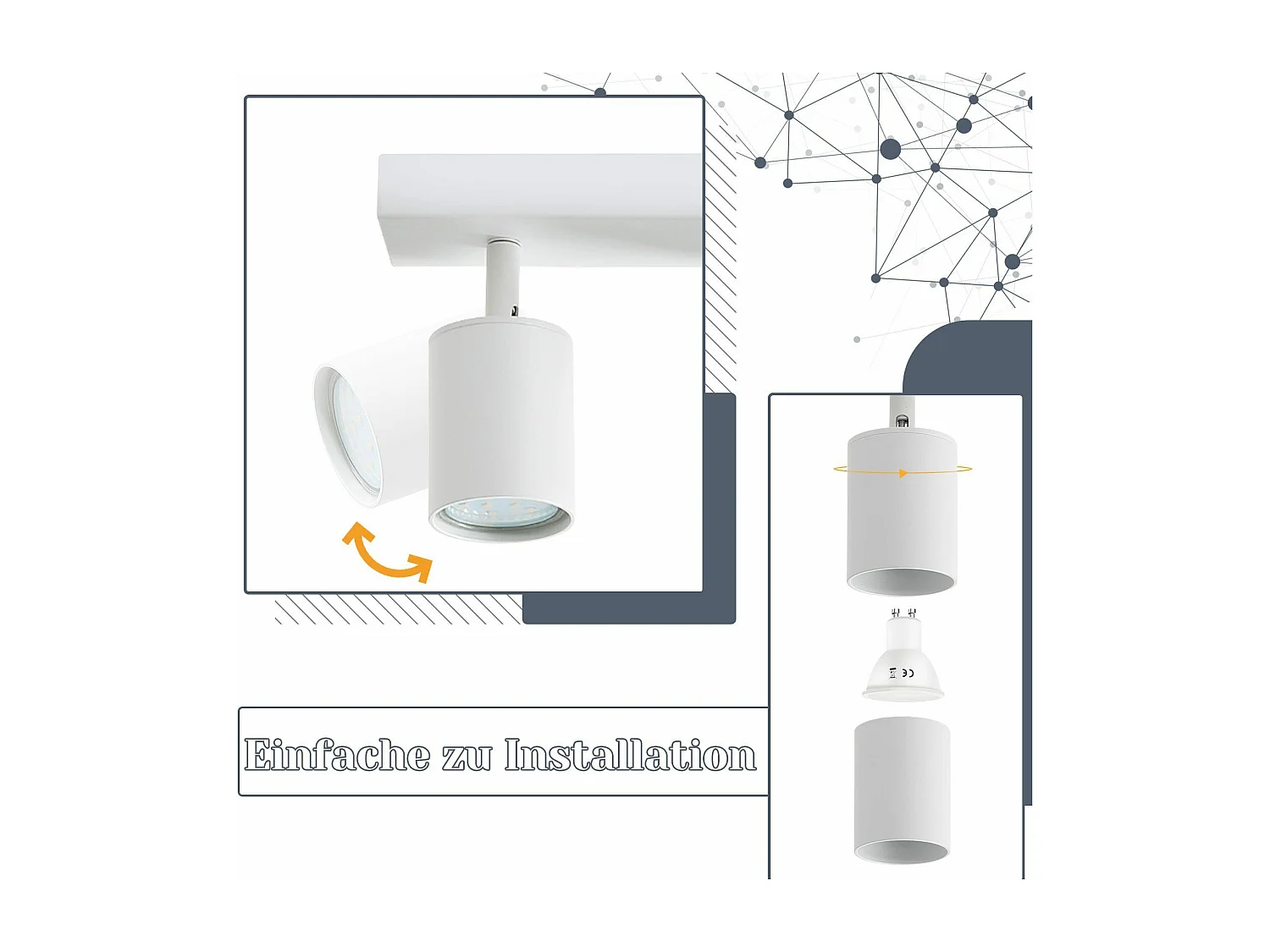 NETTLIFE 5-pack GU10 witte LED-plafondspots, 330° draaibare vlamvormige moderne industriële wandlamp voor woonkamer/slaapkamer (zonder lamp)