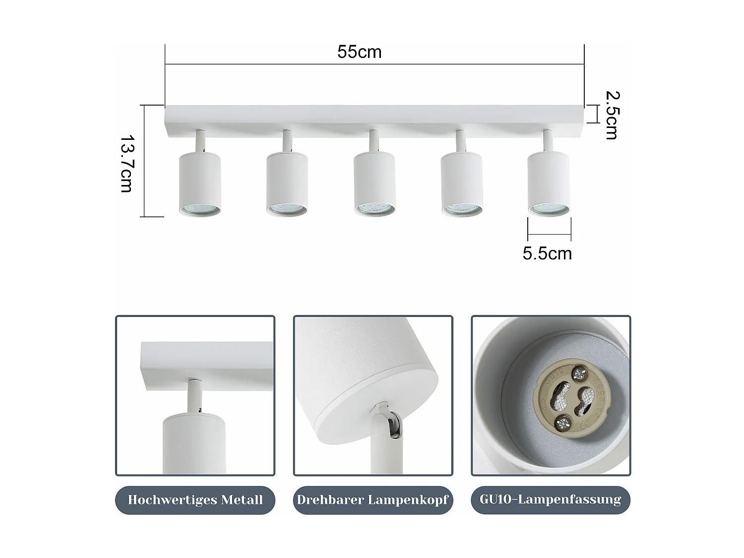 NETTLIFE 5 spots de plafond LED blanc GU10 flamme 330° pivotants lampe moderne et murale industrielle pour salon chambre cuisine sans ampoule