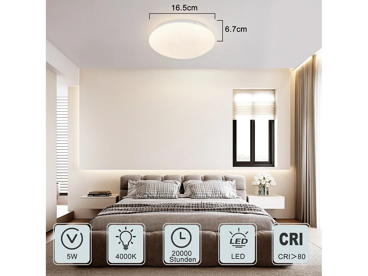 NETTLIFE Zweiter LED - Deckenleuchte für Wohnzimmer - Ø 16,5 cm, 4000 K, 5 W, neutralweiß, für Flur, Kinderzimmer