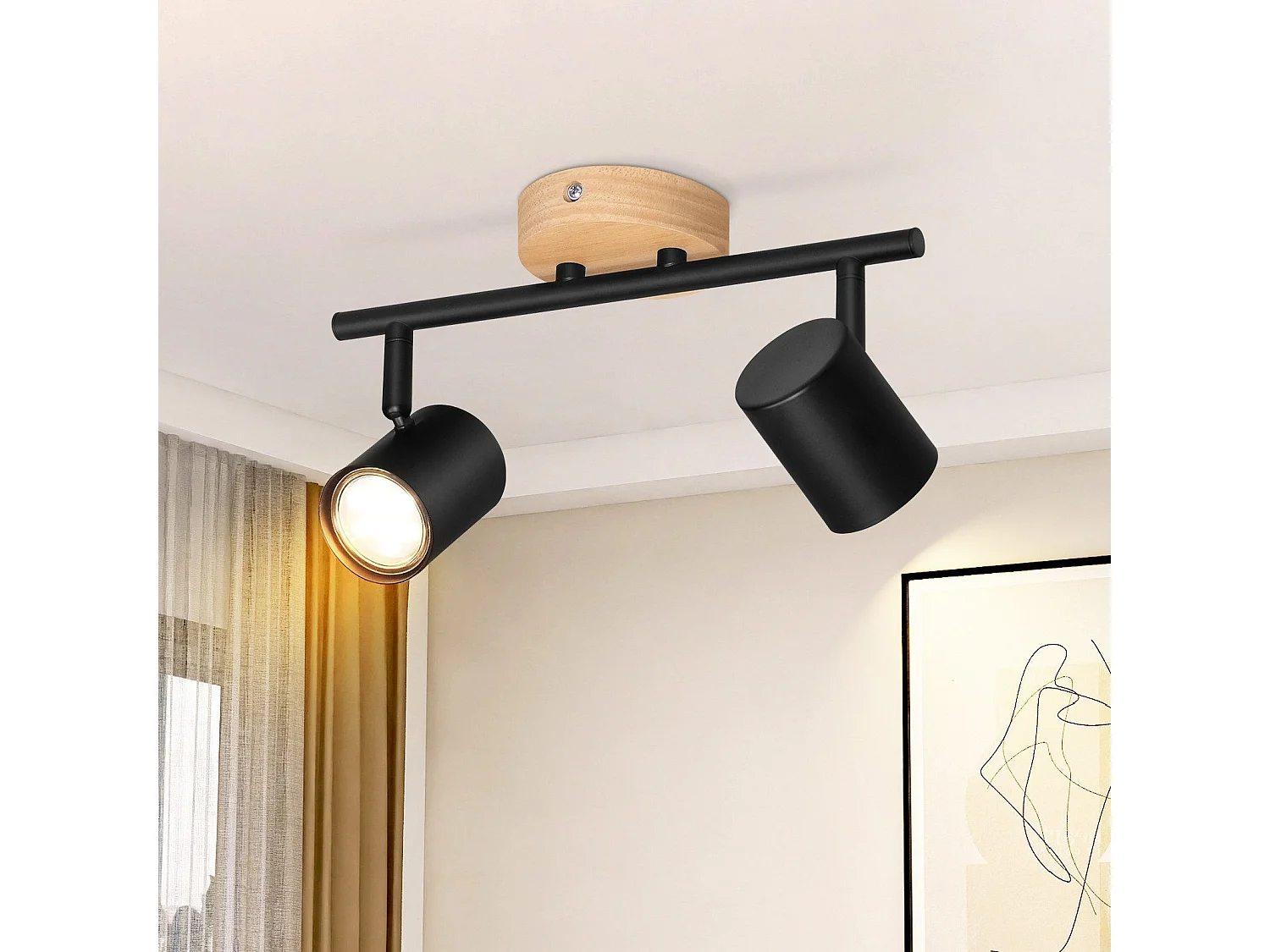 NETTLIFE 2-płomienna lampa sufitowa LED - czarna lampa sufitowa GU10 Obrotowy reflektor Drewniany kinkiet Reflektor ścienny do salonu sypialni Bez żarówki