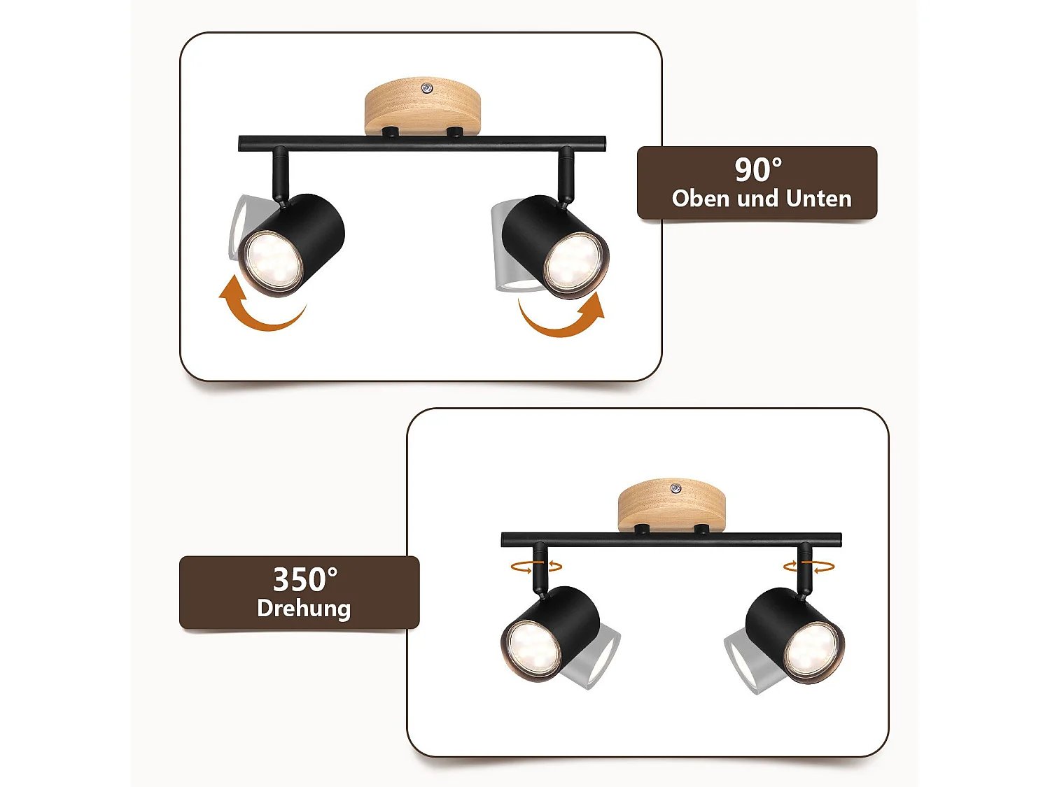 NETTLIFE 2-płomienna lampa sufitowa LED - czarna lampa sufitowa GU10 Obrotowy reflektor Drewniany kinkiet Reflektor ścienny do salonu sypialni Bez żarówki