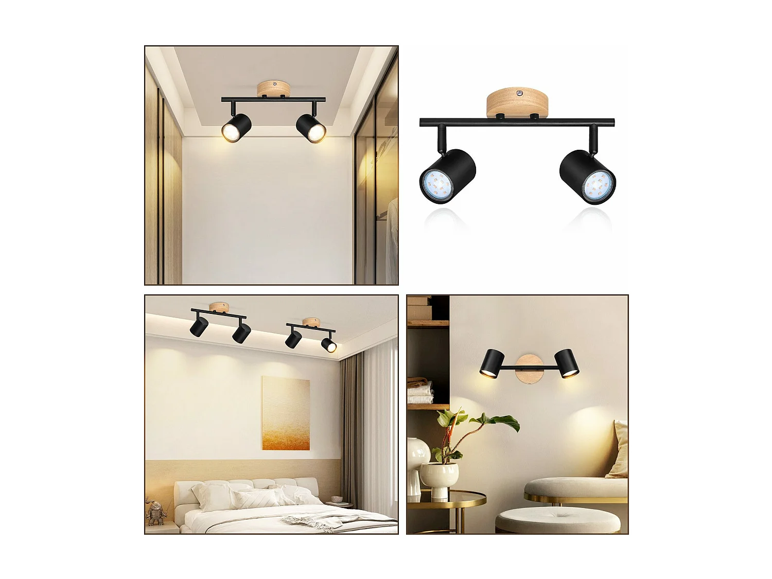 NETTLIFE 2-płomienna lampa sufitowa LED - czarna lampa sufitowa GU10 Obrotowy reflektor Drewniany kinkiet Reflektor ścienny do salonu sypialni Bez żarówki