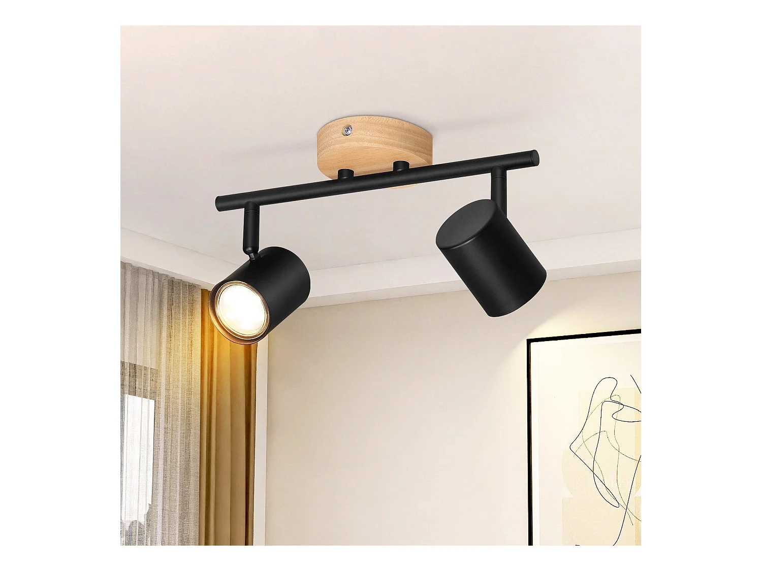NETTLIFE Plafonnier LED 2 flamme - Noir Plafonnier GU10 Spot pivotant Applique murale en bois Spot mural pour salon chambre Sans ampoule