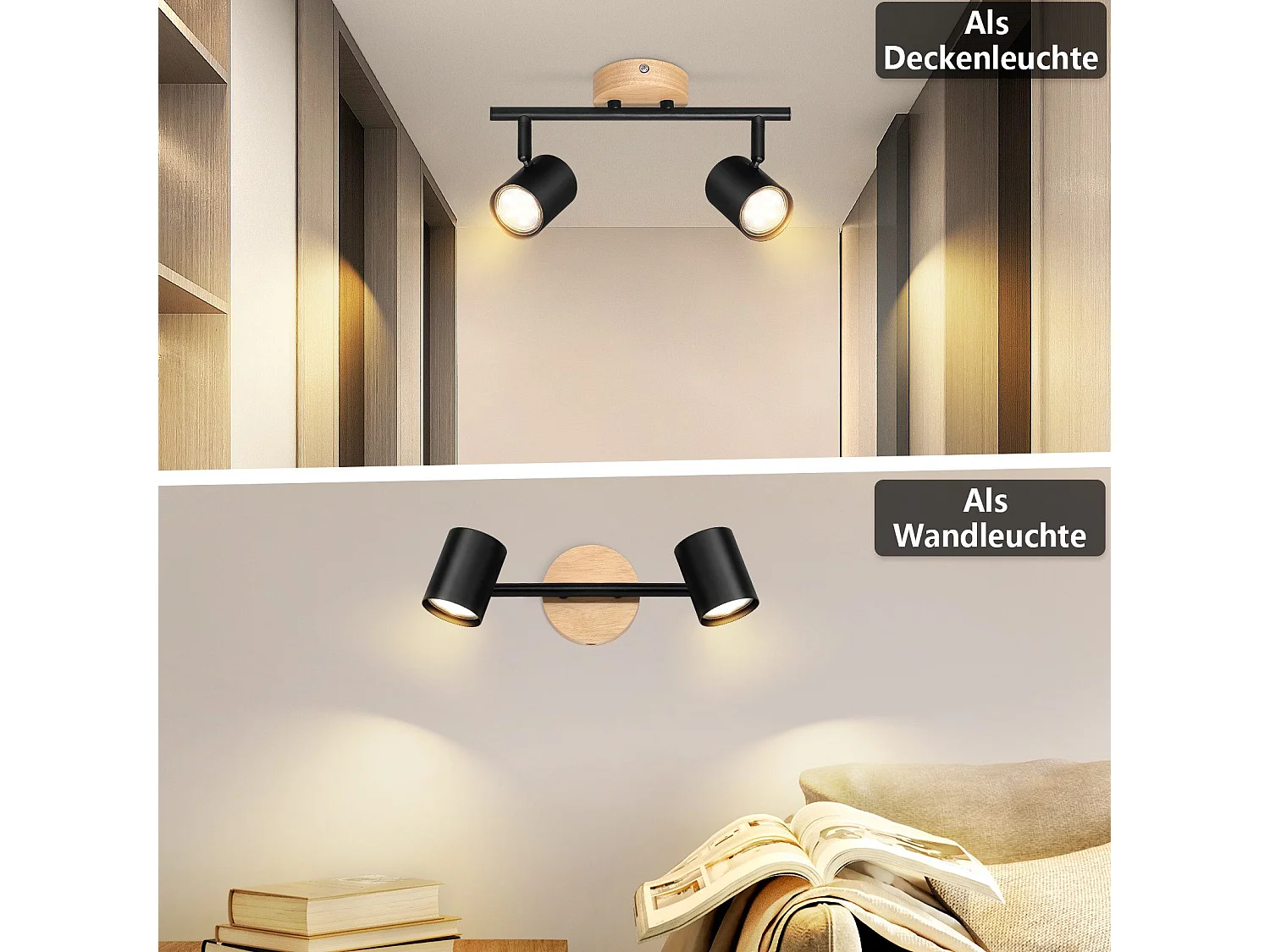 NETTLIFE Opbouwspot Hout zwart rond 2-lichts GU10 Fitting draaibar Plafondspot Hoogwaardig   Max.25W Vintage Plafondlamp