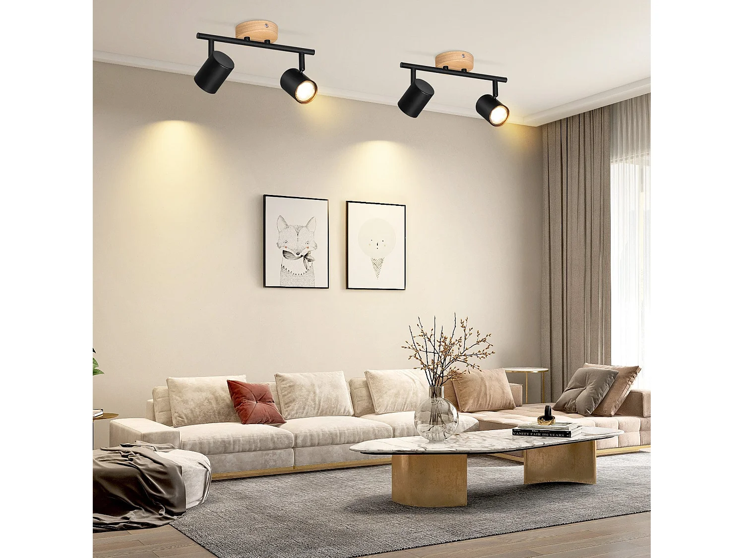 NETTLIFE Plafonnier LED 2 flamme - Noir Plafonnier GU10 Spot pivotant Applique murale en bois Spot mural pour salon chambre Sans ampoule