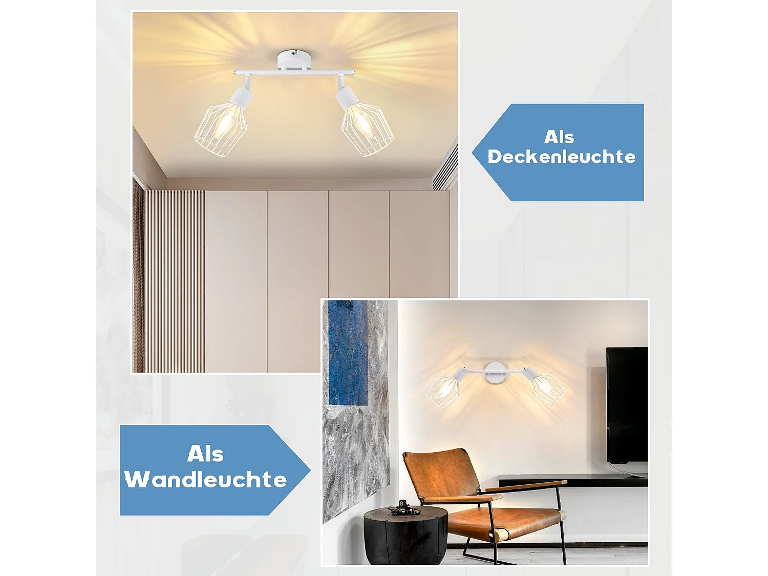 NETTLIFE 2 Spots de Plafond E14 -  métal, lampe de couloir industrielle pivotante à 350°, applique murale pour couloir et salon，blanc