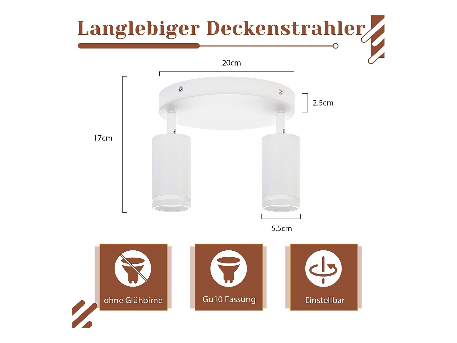 NETTLIFE Plafonnier LED 2 flamme - Blanc Plafonnier GU10 Spot pivotant Applique murale en bois Spot mural pour salon chambre  Sans ampoule