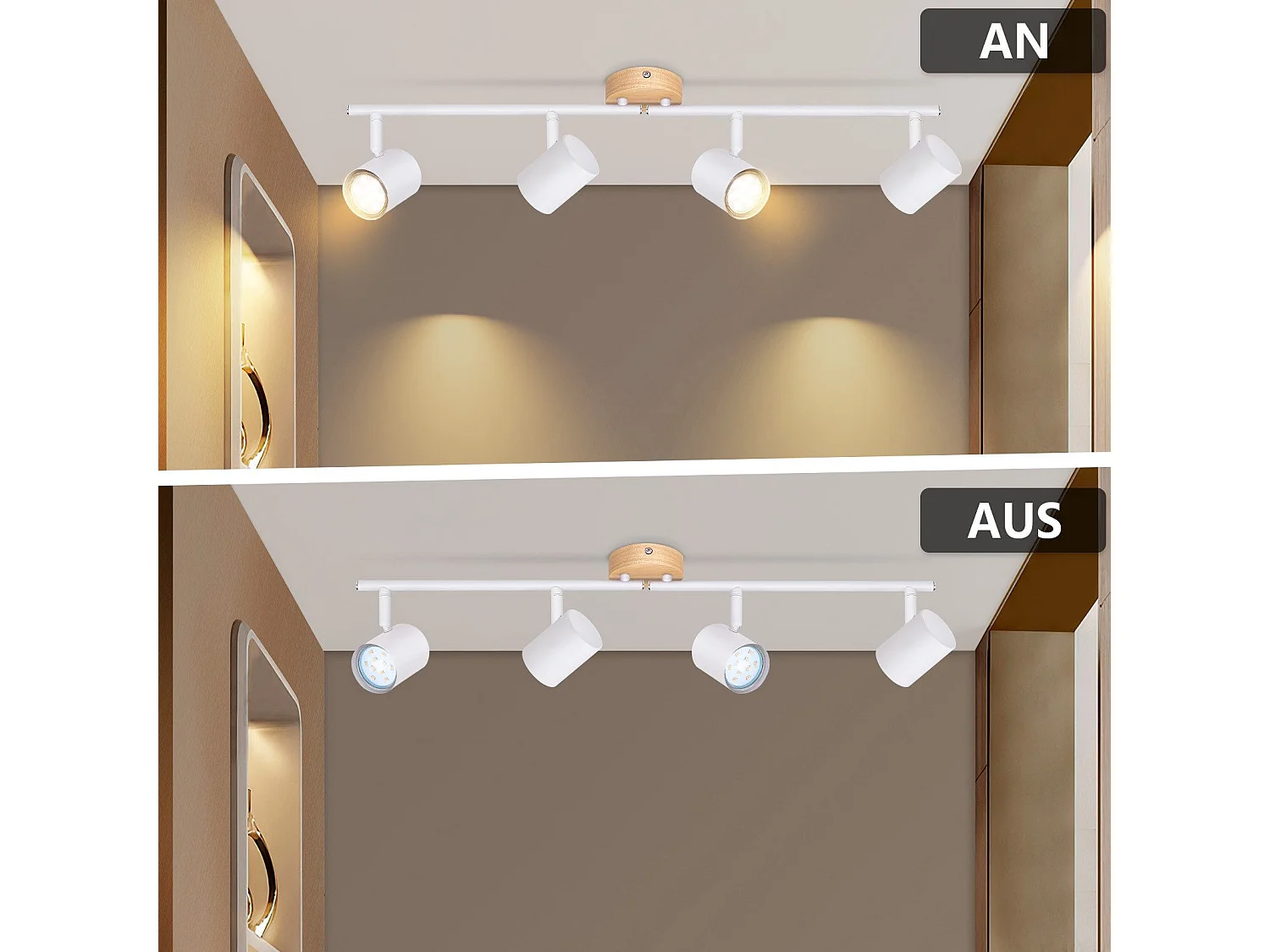 NETTLIFE Opbouwspot Hout wit rond 4-lichts GU10 Fitting draaibar Plafondspot Hoogwaardig   Max.25W Vintage Plafondlamp