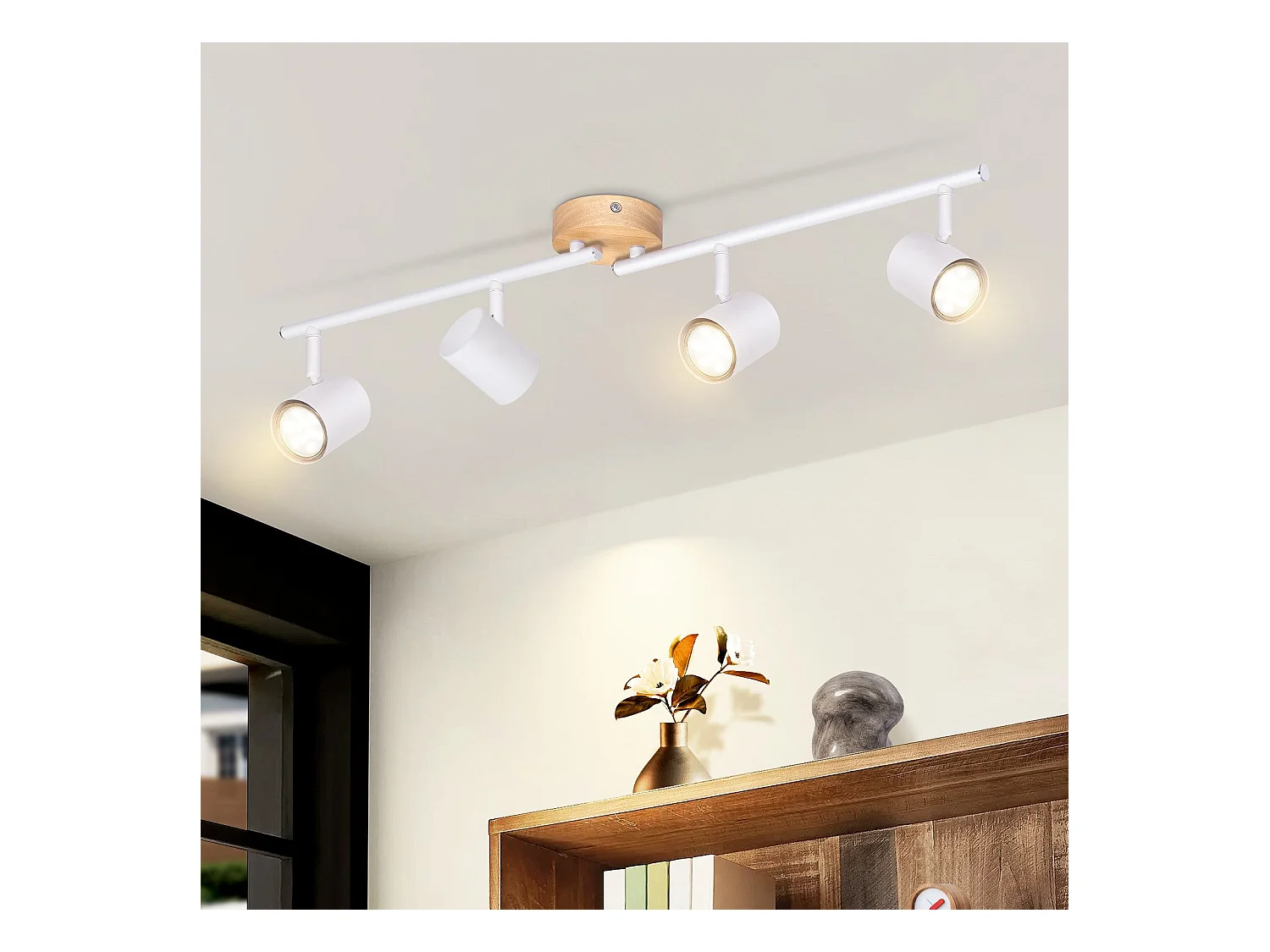 NETTLIFE Plafonnier LED 4 flamme - Blanc Plafonnier GU10 Spot pivotant Applique murale en bois Spot mural pour salon chambre  Sans ampoule