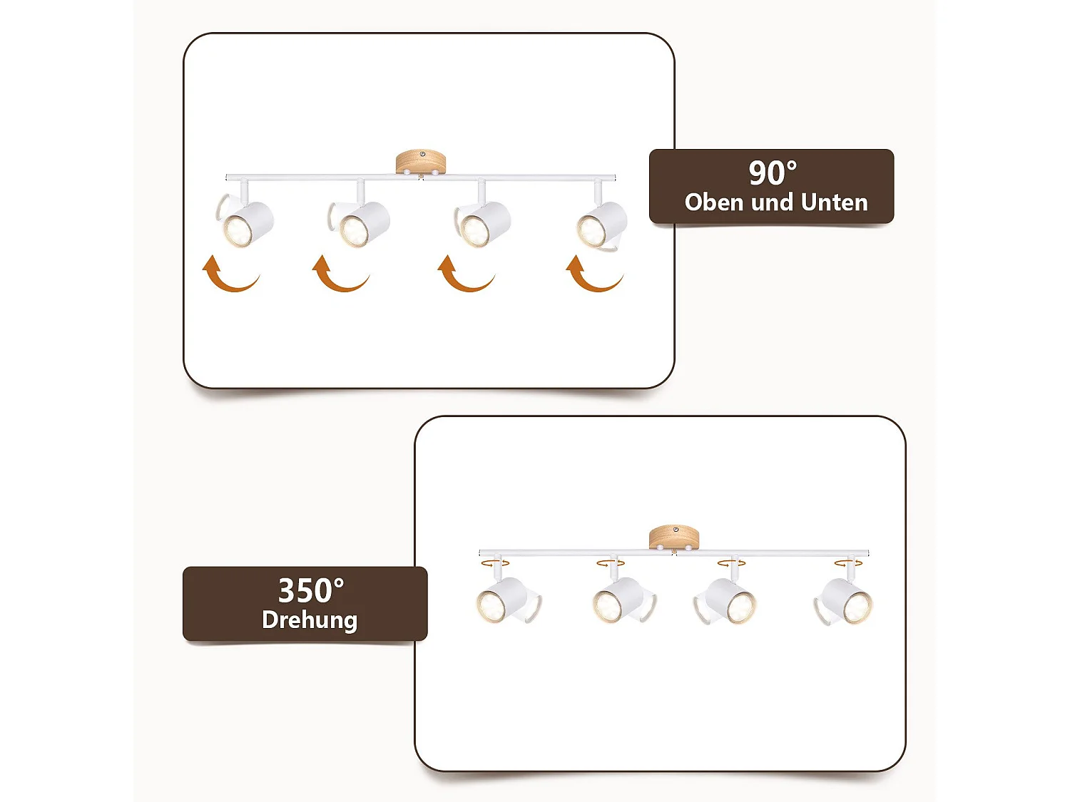 NETTLIFE Plafonnier LED 4 flamme - Blanc Plafonnier GU10 Spot pivotant Applique murale en bois Spot mural pour salon chambre  Sans ampoule