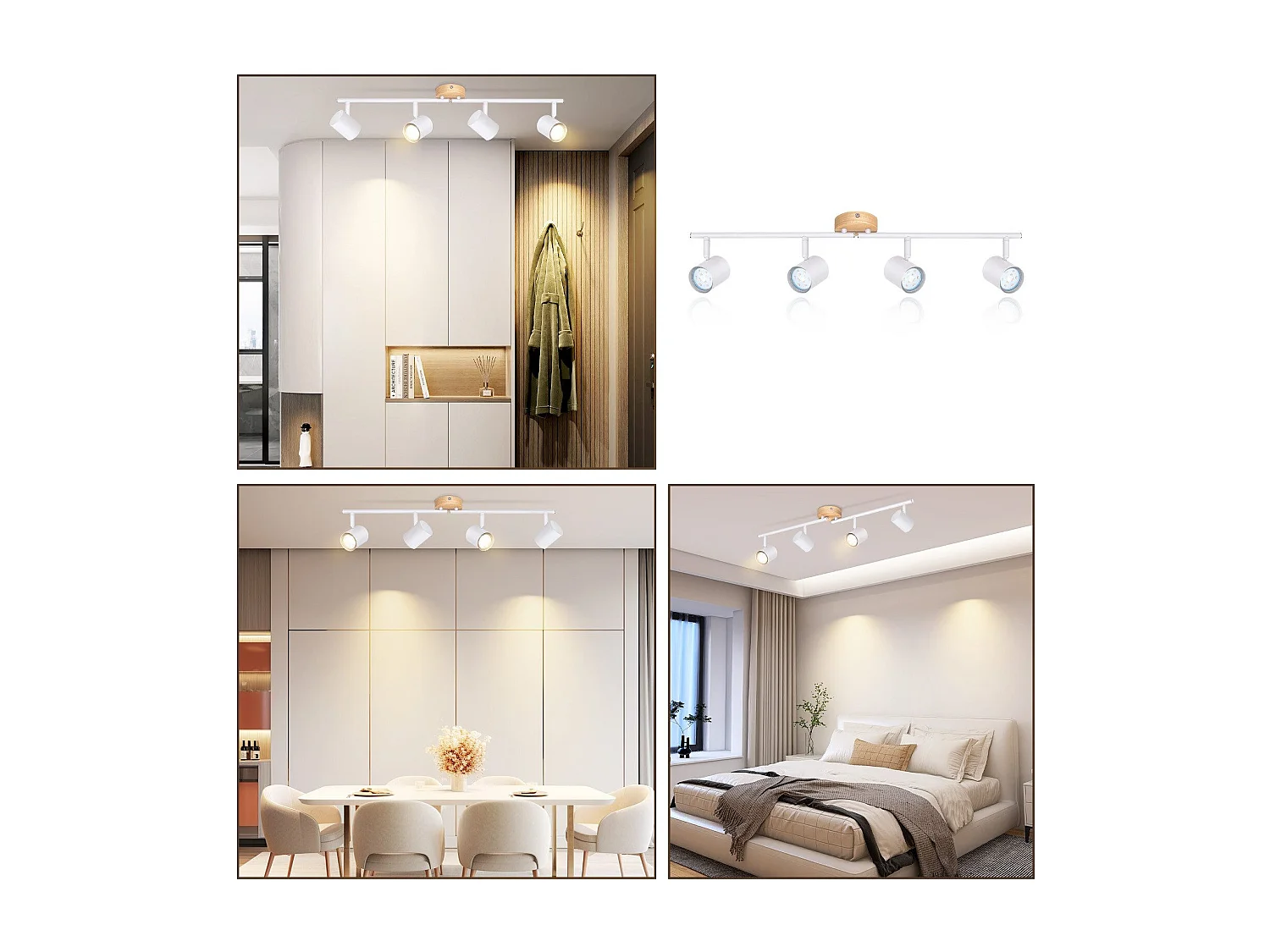 NETTLIFE Plafonnier LED 4 flamme - Blanc Plafonnier GU10 Spot pivotant Applique murale en bois Spot mural pour salon chambre  Sans ampoule