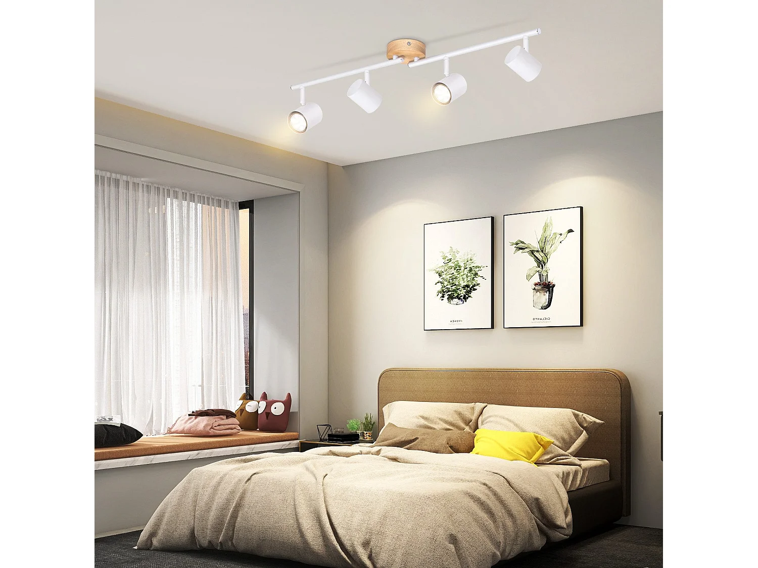 NETTLIFE Plafonnier LED 4 flamme - Blanc Plafonnier GU10 Spot pivotant Applique murale en bois Spot mural pour salon chambre  Sans ampoule