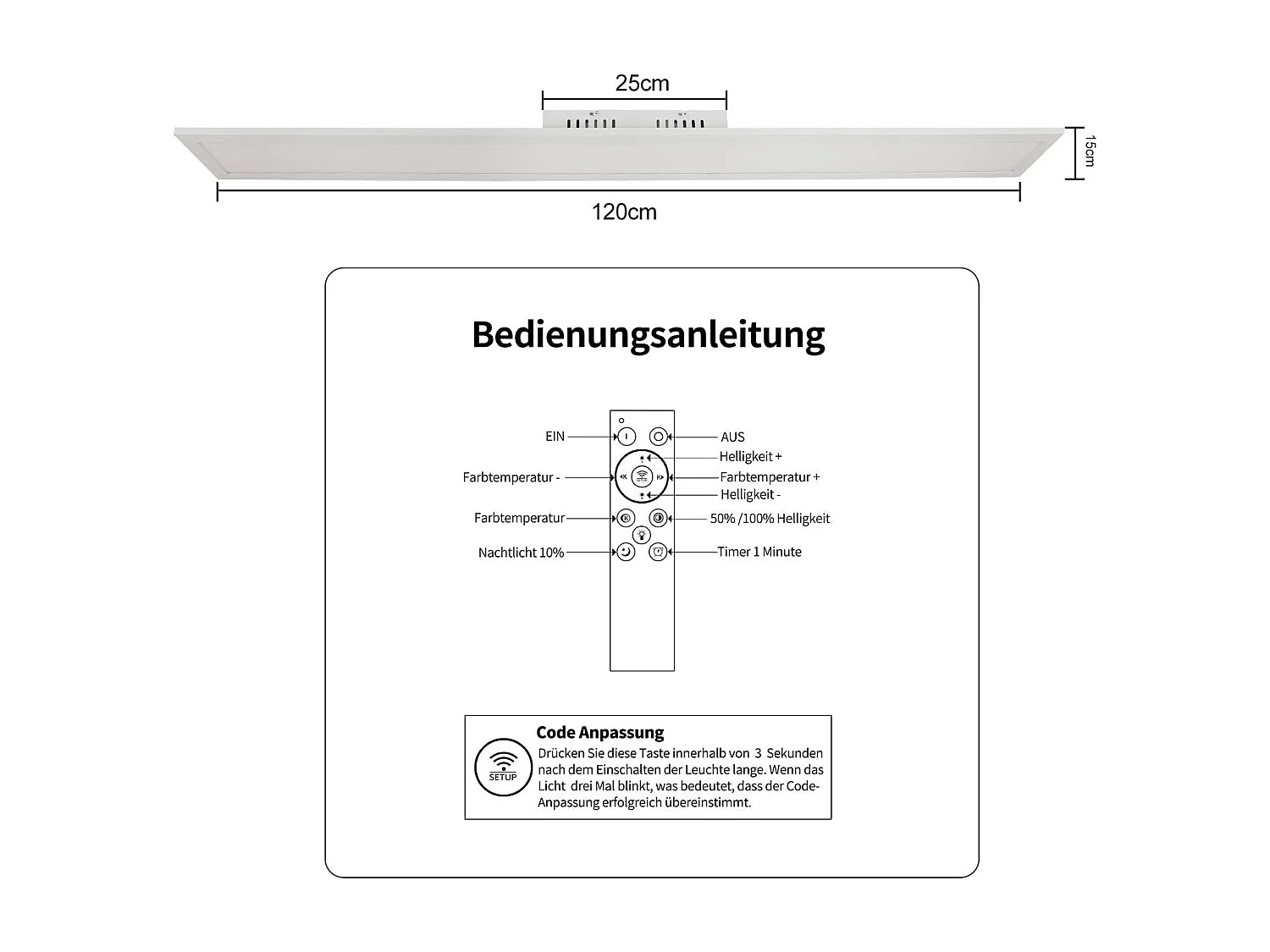 LED-Deckenleuchte, 42 W, Weiß, 3360 lm, 120 x 15 cm, dimmbares Panel mit Fernbedienung für modernes Wohnzimmer