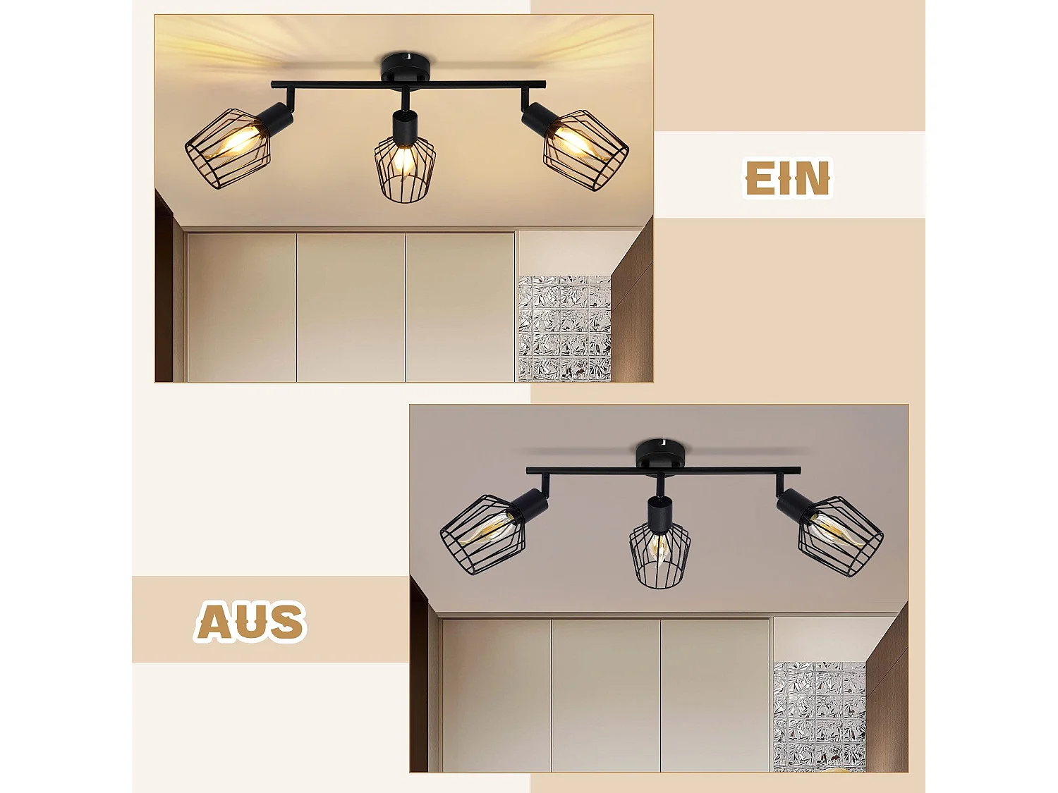 NETTLIFE 3 Spots de Ceiling E14 - metal, lampa kuloodporna przemysłowa obracana o 350°, aplikacja murale pour couloir et salon, noir