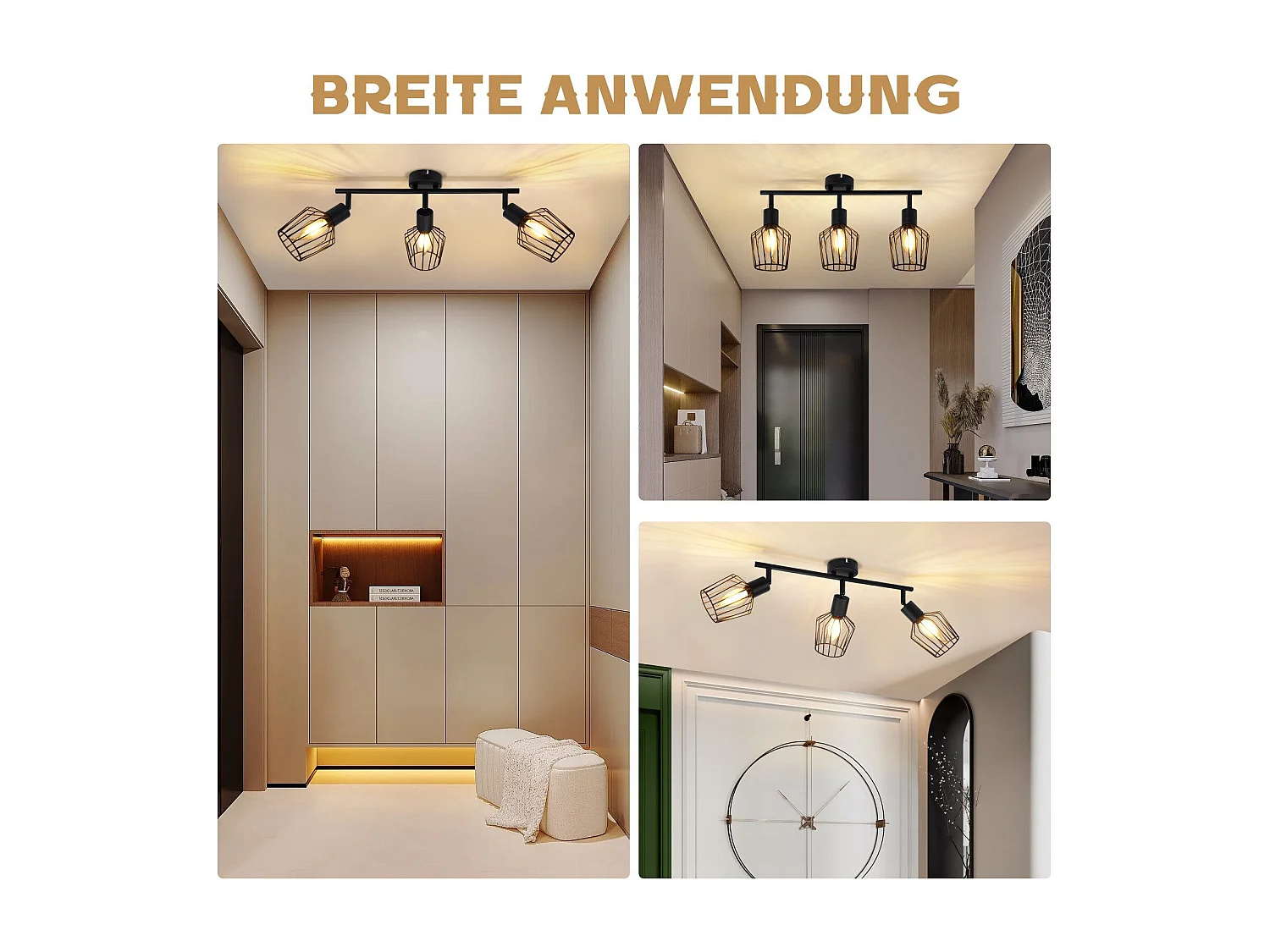 NETTLIFE 3 Spots de Plafond E14 -  métal, lampe de couloir industrielle pivotante à 350°, applique murale pour couloir et salon，noir