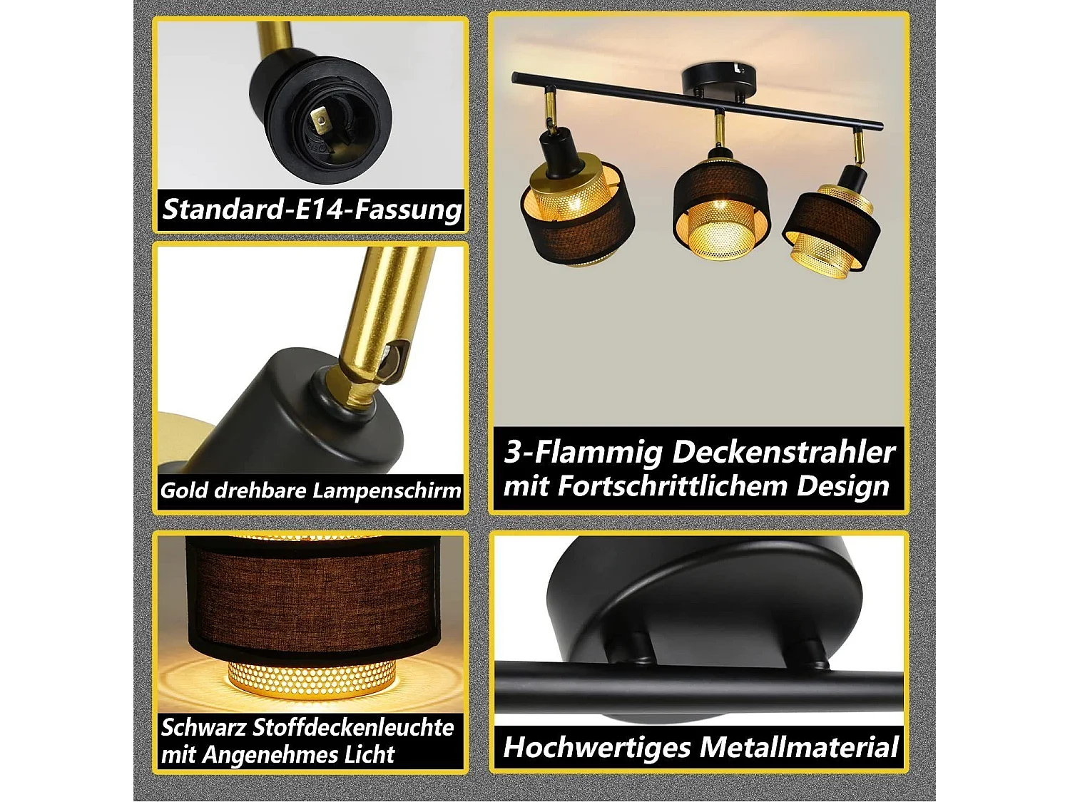 NETTLIFE 3-punktowa lampa sufitowa E14 czarna vintage z płomieniem retro sypialnia w złotym metalu regulowana industrialna do kuchni przedpokój jadalnia